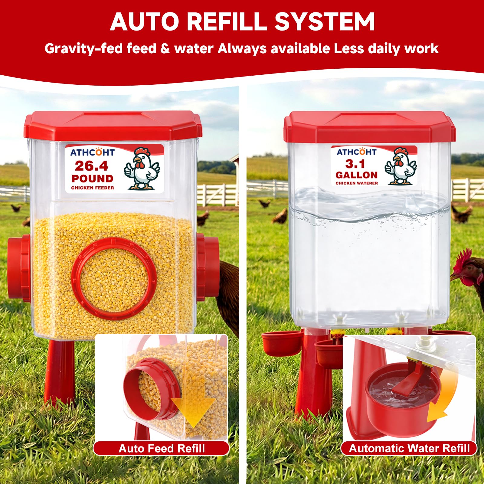 Comederos de pollo de pie y bebederos de pollo, alimentador de agua de pollo de 3 galones con 4 tazas