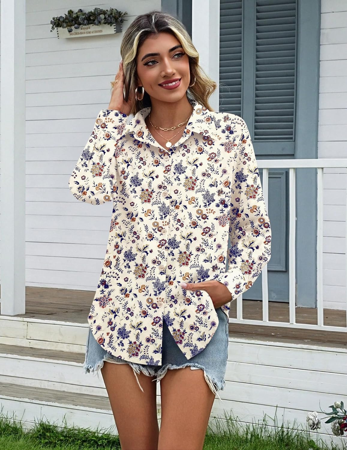 Zeagoo Womens Cotton Linen Button Down Shirts Loose Fit Long Sleeve Collared Blouse Casual V Neck Tops Outfits S-3XL - Image 3