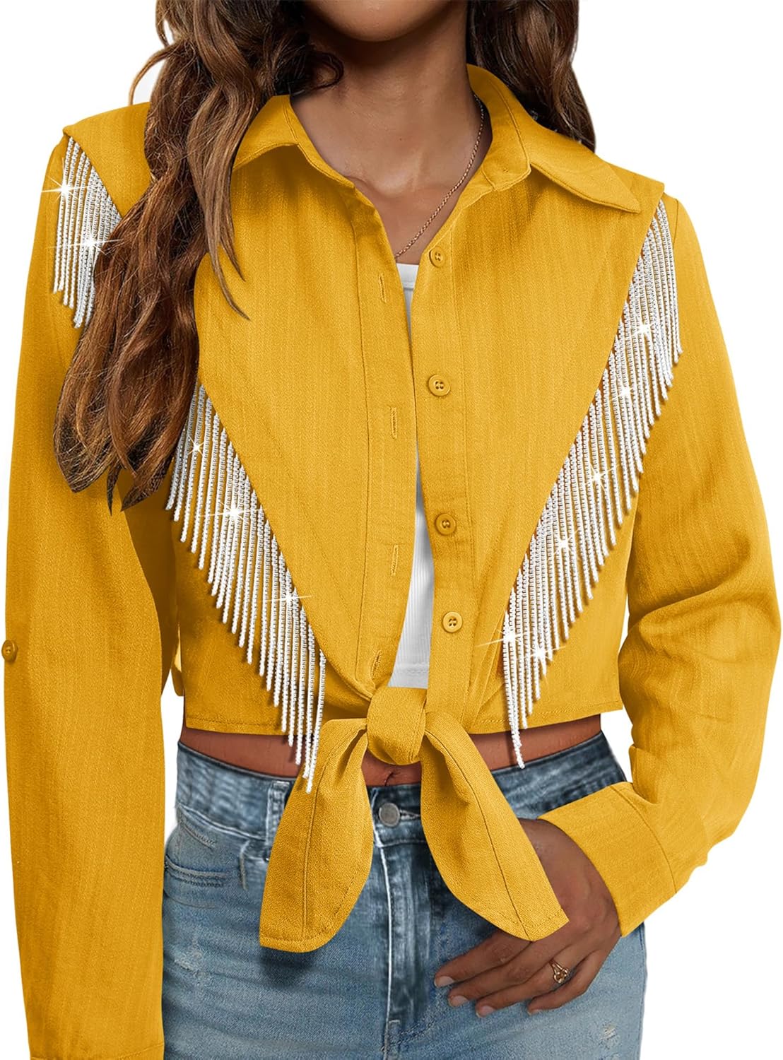 MYMORE Womens Sparkly Fringe Cropped Button Down Shirt Rolled 3/4 Sleeve Tie Front Top Western Cowgirl Rodeo Outfit
