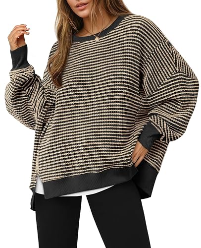 Fisoew Women's Fall Oversized Sweatshirt Casual Waffle Knit Long Sleeve