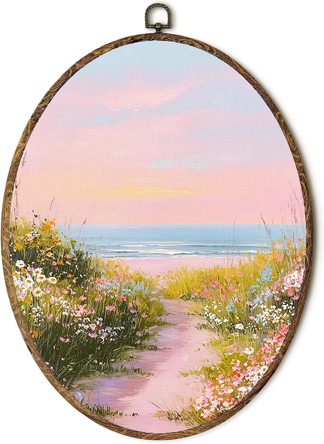 laveliabel Pink Coastal Wildflower Oval Canvas Art Wall Decor, Ocean Beach Framed Canvas Prints, Cottagecore Dreamy Sunset Ocean View Oval Hanging Wall Decor for Home Bedroom Room, 8.5x11.5 Inches