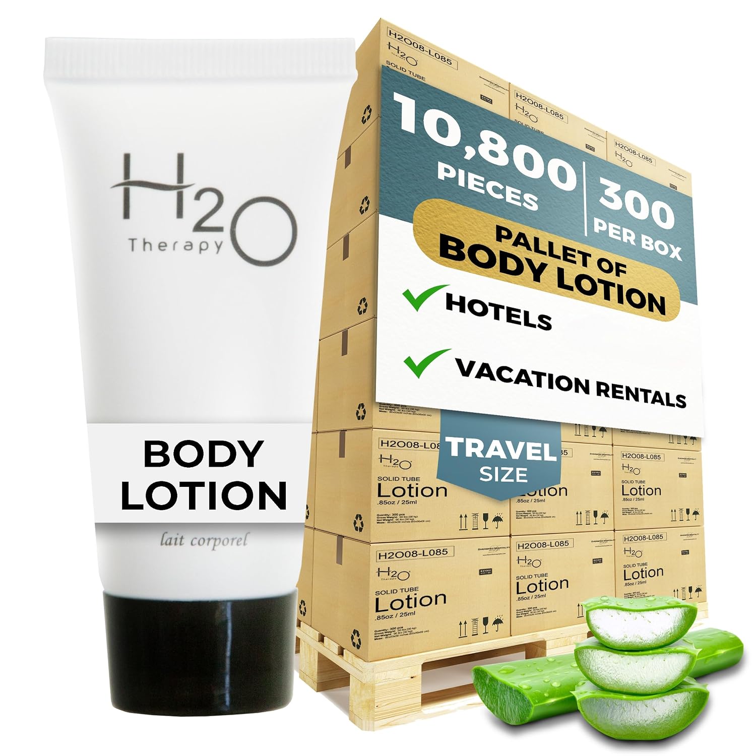 H2O Therapy Hotel Lotion | Travel Size Hotel Toiletries Bulk Set for Hotel Essentials | 0.85oz Lotion | Half Pallet (36 cases with 300 units each - 10,800 pieces)