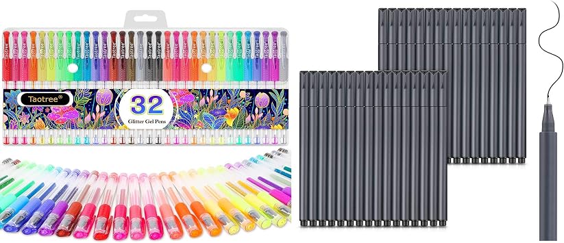 Glitter Gel Pens, 32-Color Neon Glitter Pens Fine Tip Art Markers Set & 24 Black Pens Fine Point Black Markers Fine Tip, 40% More Ink Colored Gel Pens for Adult Coloring Book, Drawing, Doodling, Scrap