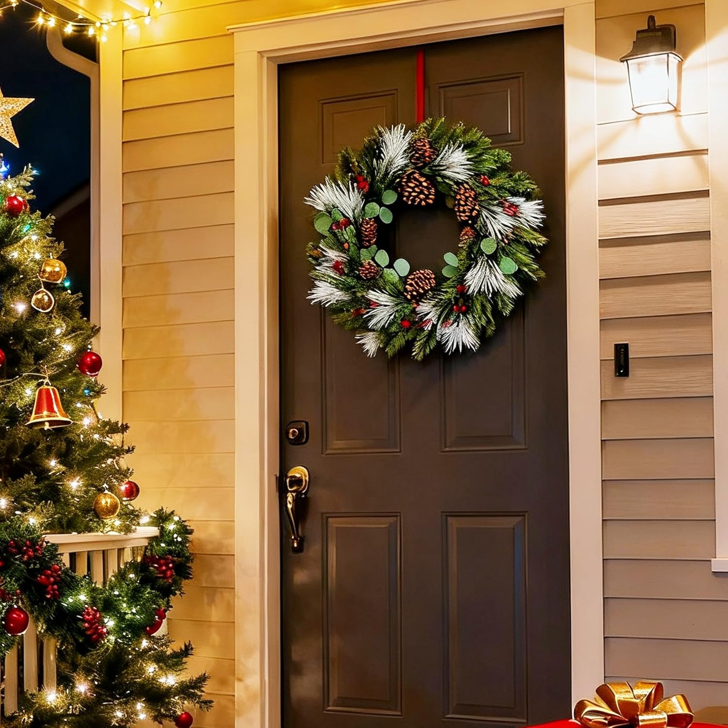 Christmas Wreath with Red Berries, Pine Cones, Eucalyptus Leaves, Artificial Holiday Door Decoration, Winter Garland with Silver Tinsel
