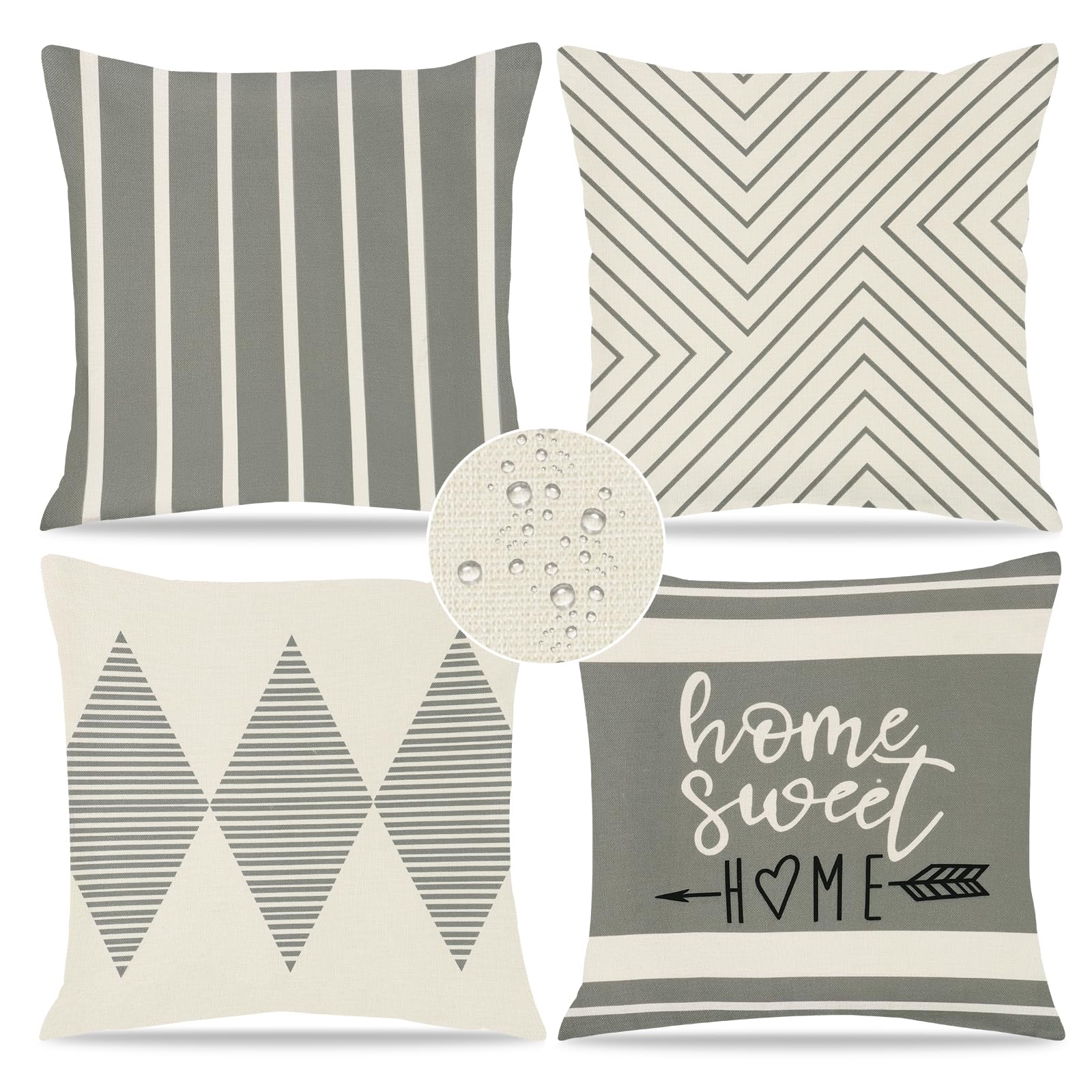 Dremisland Grey and White Cushion Covers Outdoor 45 x 45 Set of 4 Waterproof Striped Pillow Covers Geometric Cushion Cases Decorative Pillow Cases Farmhouse Pillowcases for Sofa Patio Couch Balcony
