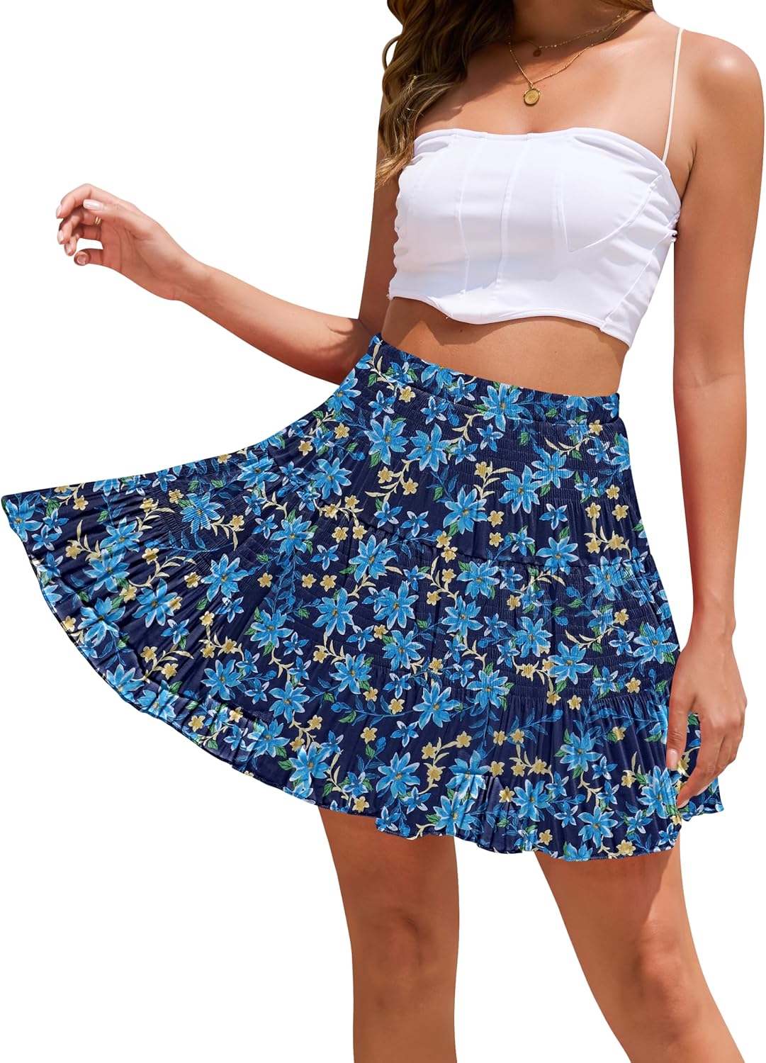 CYiNu Short Skirt for Women Summer Boho Flowy Chiffon Elastic High Waisted A Line Tiered Pleated Mini Skirt - Image 6