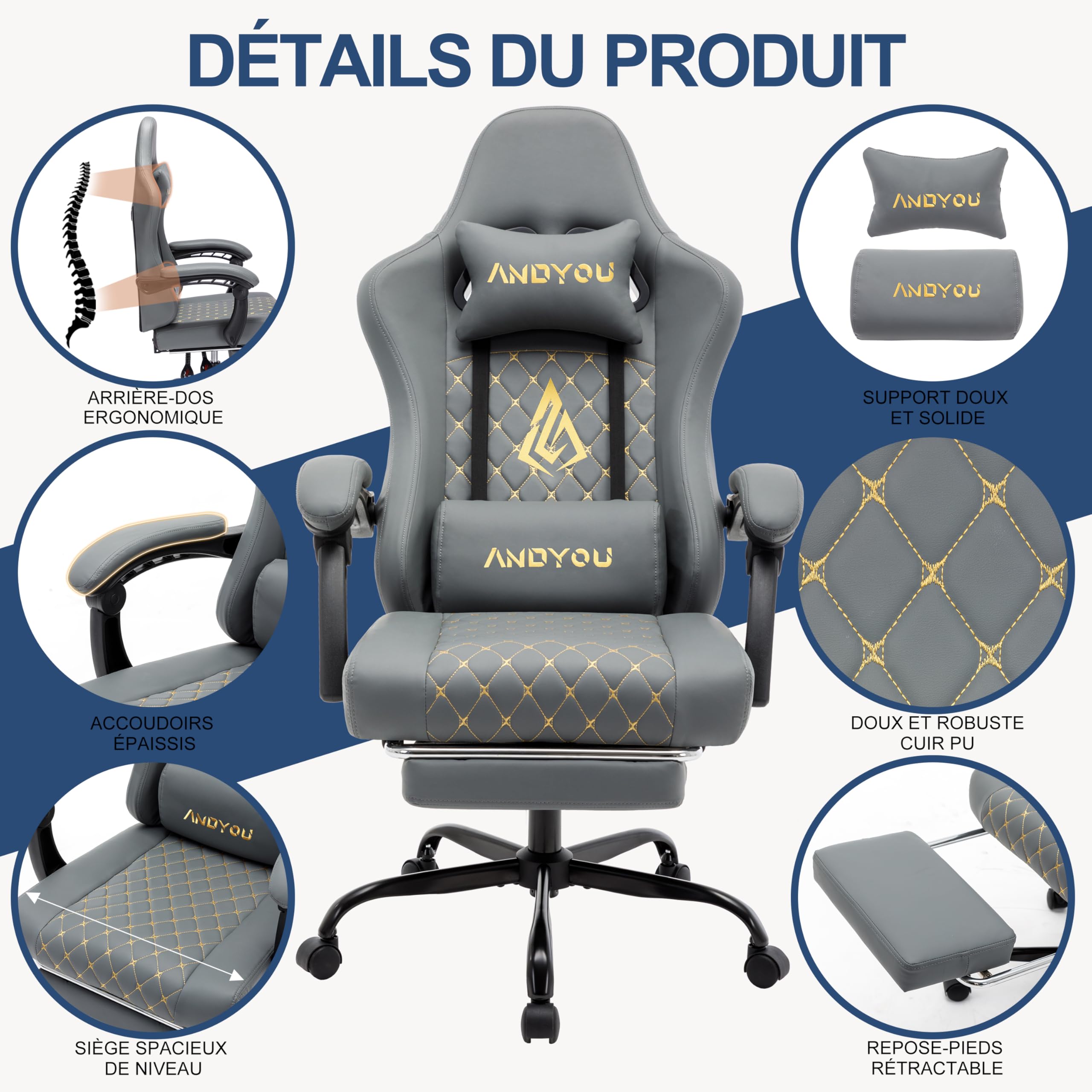 Andyou Silla Gaming Ergonómica Profesional con Soporte Lumbar - Silla Gamer para Adulto, Giratoria y Reclinable con Reposapiés Ajustable y Tela Transpirable, Soporte 150 kg para Oficina y PC