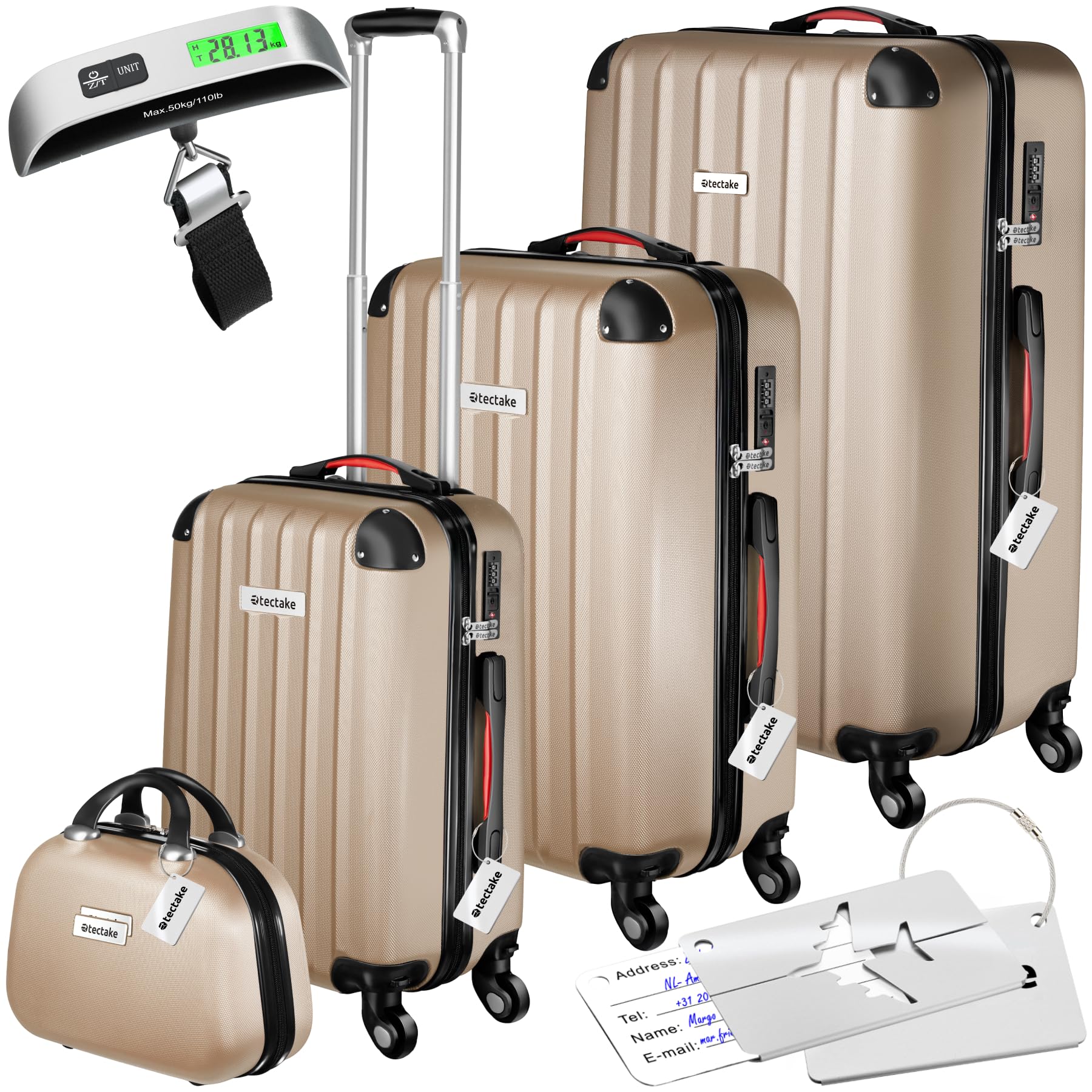 tectake® Set de Valises de Voyage, Coque Rigide en ABS, 3 Tailles M-L-XL + Vanity Case, roulettes Pivotantes à 360°, Serrure TSA, Poignée télescopique, Pèse-Bagage et étiquettes Inclus - Champagne