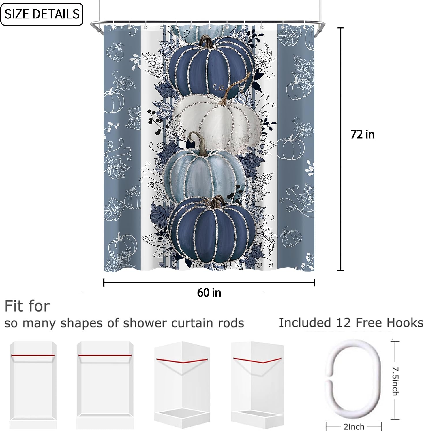 Fall Thanksgiving Autumn Shower Curtain for Bathroom Pumpkin Maple Leaf Harvest Bathtub Curtain