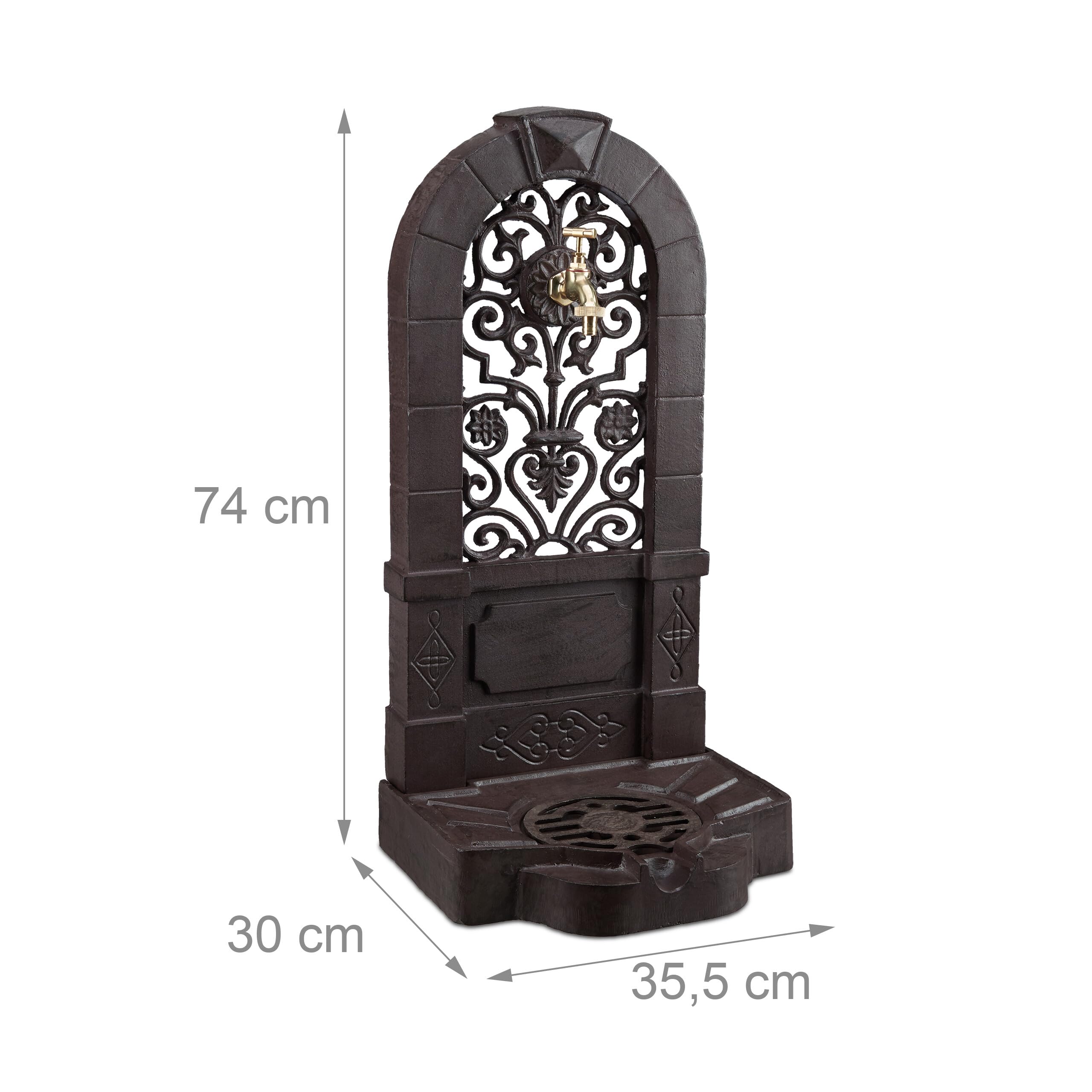 Relaxdays Fontana da Parete Giardino, Terrazza, Stile Antico, Rubinetto, Vaschetta, HxLxP: 74 x 36 x 30 cm, Marrone