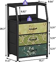 Vista 3 de Furnulem Retro Night Stand with 3 Drawers and 2-Tier Shelf, Small Nightstand Side Table, Vintage Storage Dresser for Bedroom, Fabric Drawer