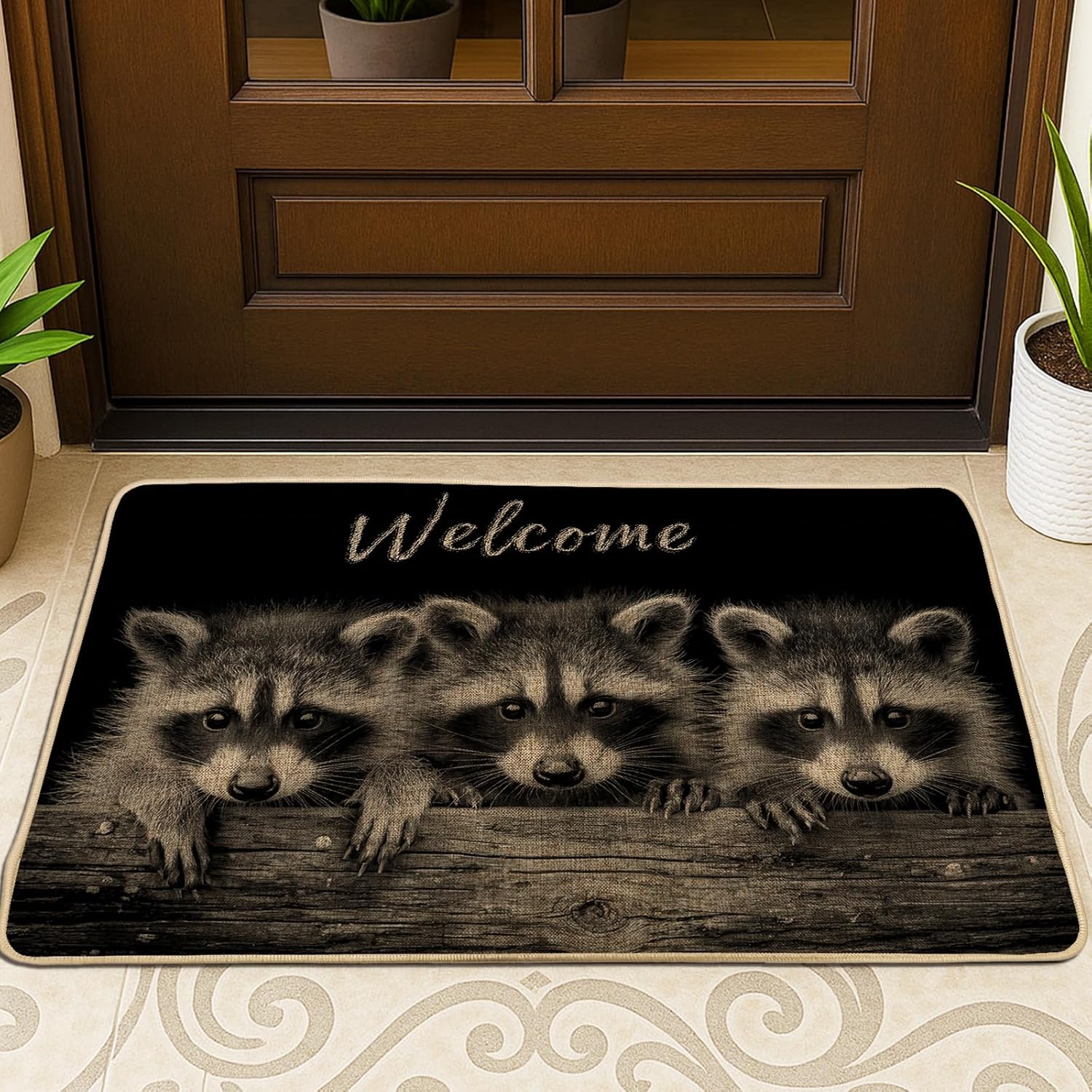 Raccoon Door Mat, Black Cute Animal Village Style Doormat for Outdoor & Indoor Entrance Seasonal Decor, Non-Slip Waterproof Dust Absorbent Welcome Mat, Easy Clean 29x17 Inch