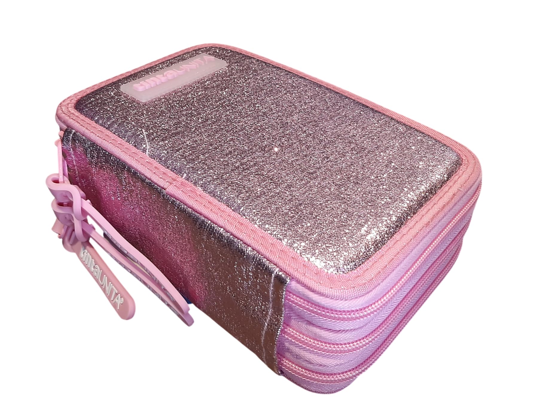Estuche de color liso con 3 cremalleras Gradient Elegant Glamour rosa completo de papelería + estuche ovalado con cremallera para la escuela, para niña + llavero y bolígrafo de color