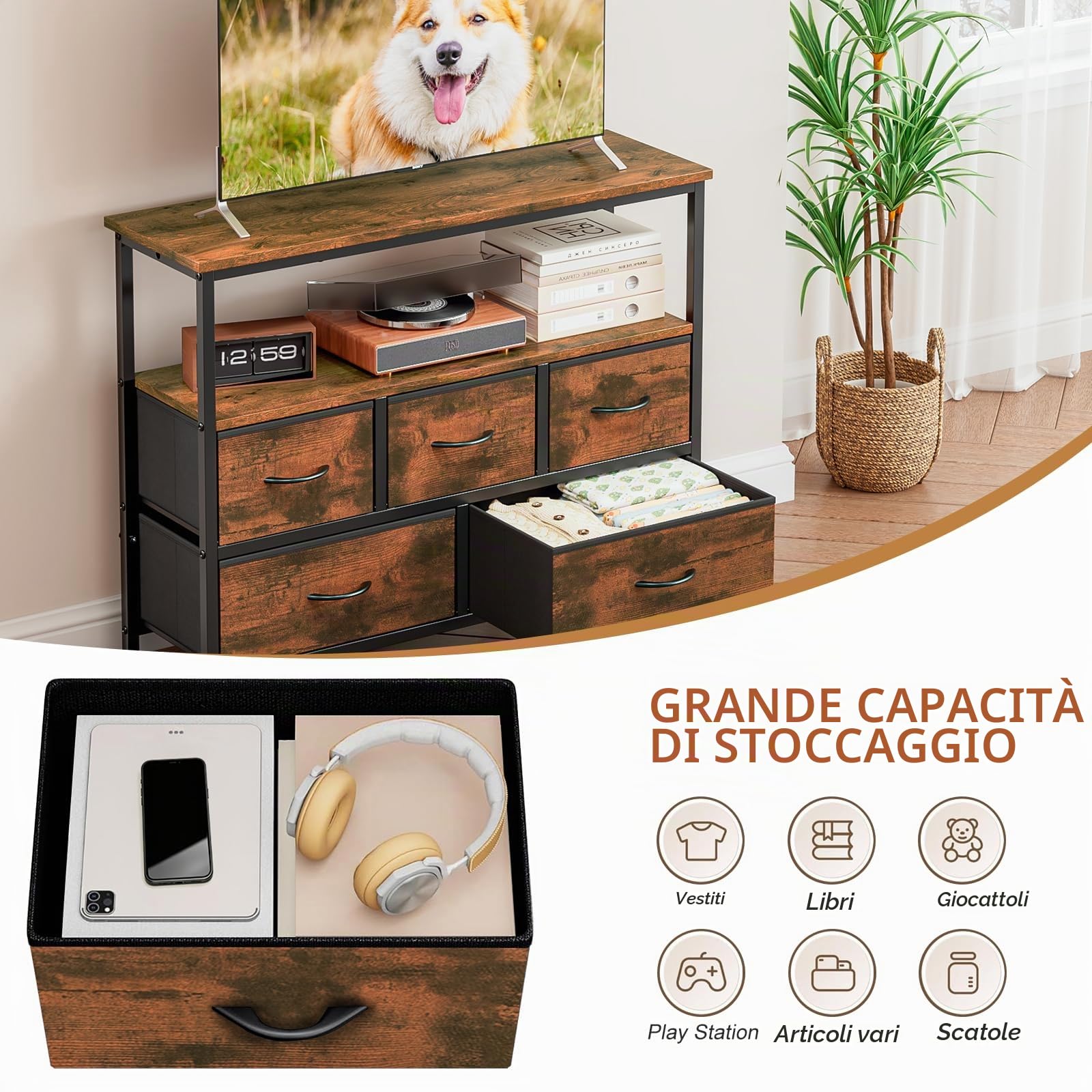 Mobile TV con Cassetti, Mobile TV soggiorno 100x30x80 cm con 5 cassetti in legno e struttura in acciaio al carbonio, mobile porta TV stile industriale per camera da letto e ingresso