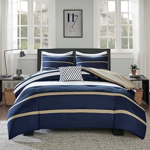 Comfort Spaces Casual Comforter Set Sporty Design, Vibrant Color, Active Lifestyle Boys Bedroom Décor, All Season Soft Microfiber Bedding Set, Decorative Pillow, Sham Blue/White Queen 4 Piece