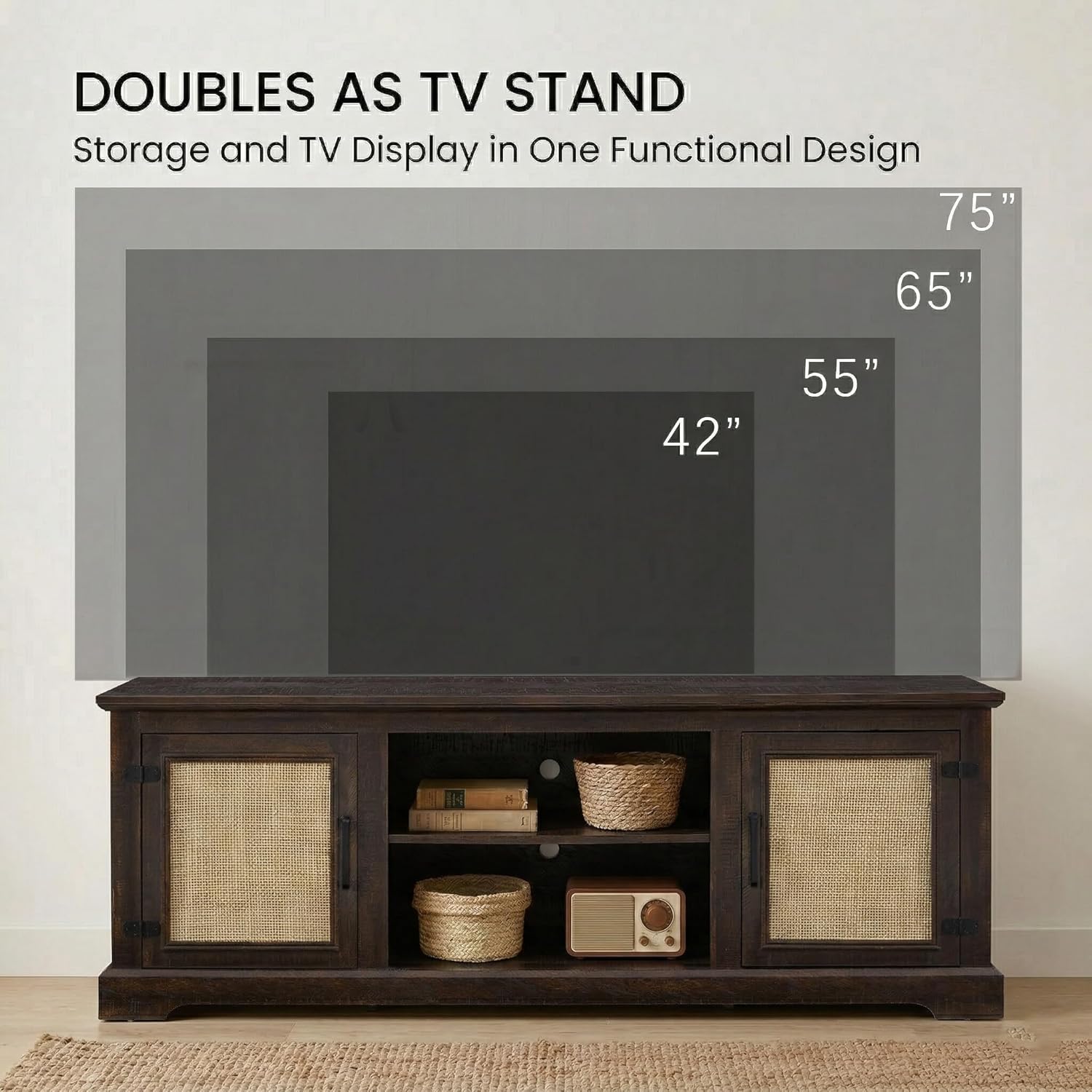 65" Mid-Century Modern TV Stand for TVs up to 75", Entertainment Center with Rattan Doors, Storage Cabinets & Adjustable Shelves, Wooden Media Console for Living Room & Bedroom (Espresso)