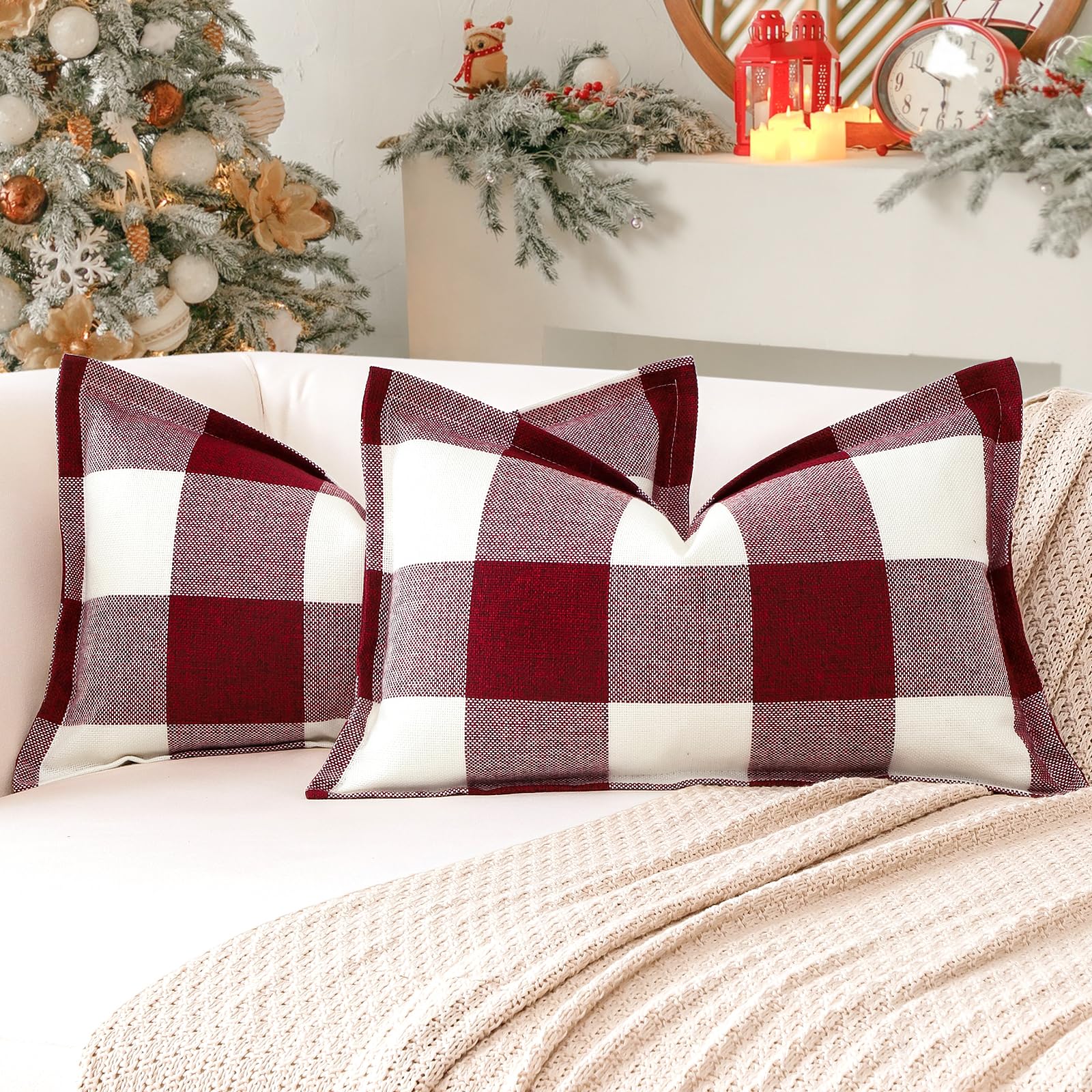 Sungeek Buffalo Check Plaid Cushion Covers 30 x 50 Set of 2 Linen Christmas Tartan Decorative Lumbar Pillow Covers with Stitched Edge for Sofa Couch Bed Living Room 12x20 Inch (White and Red)