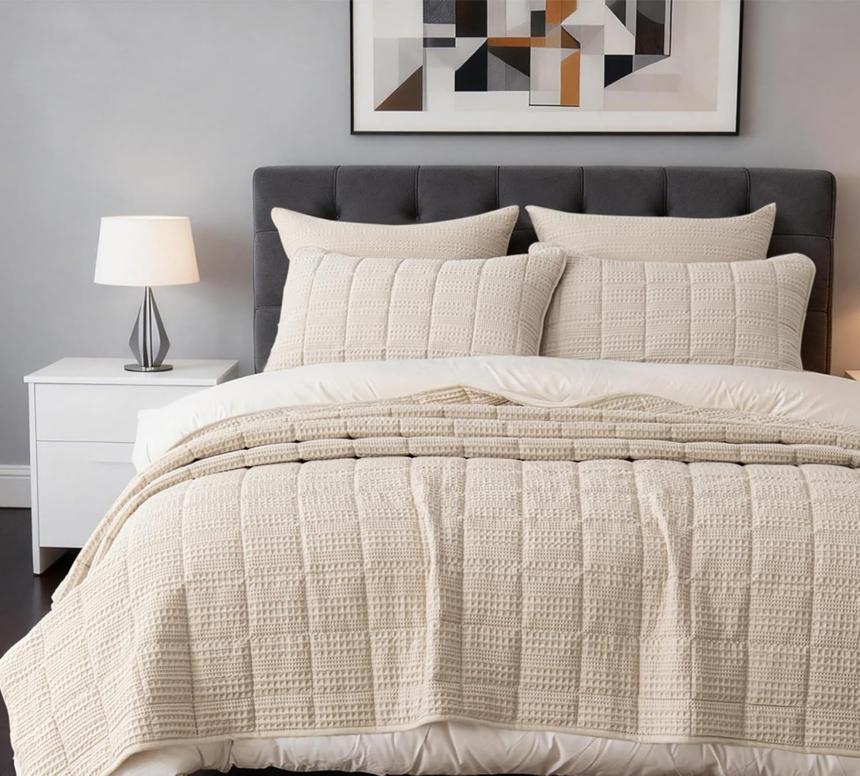 Cotton Oversized King Size Quilt Bedding Sets with Pillow Shams Ultra Soft Lightweight Bedspread Quilted Bed Coverlets Waffle Weave Blanket Thin Comforter for All Season, Khaki,120x128-image-22