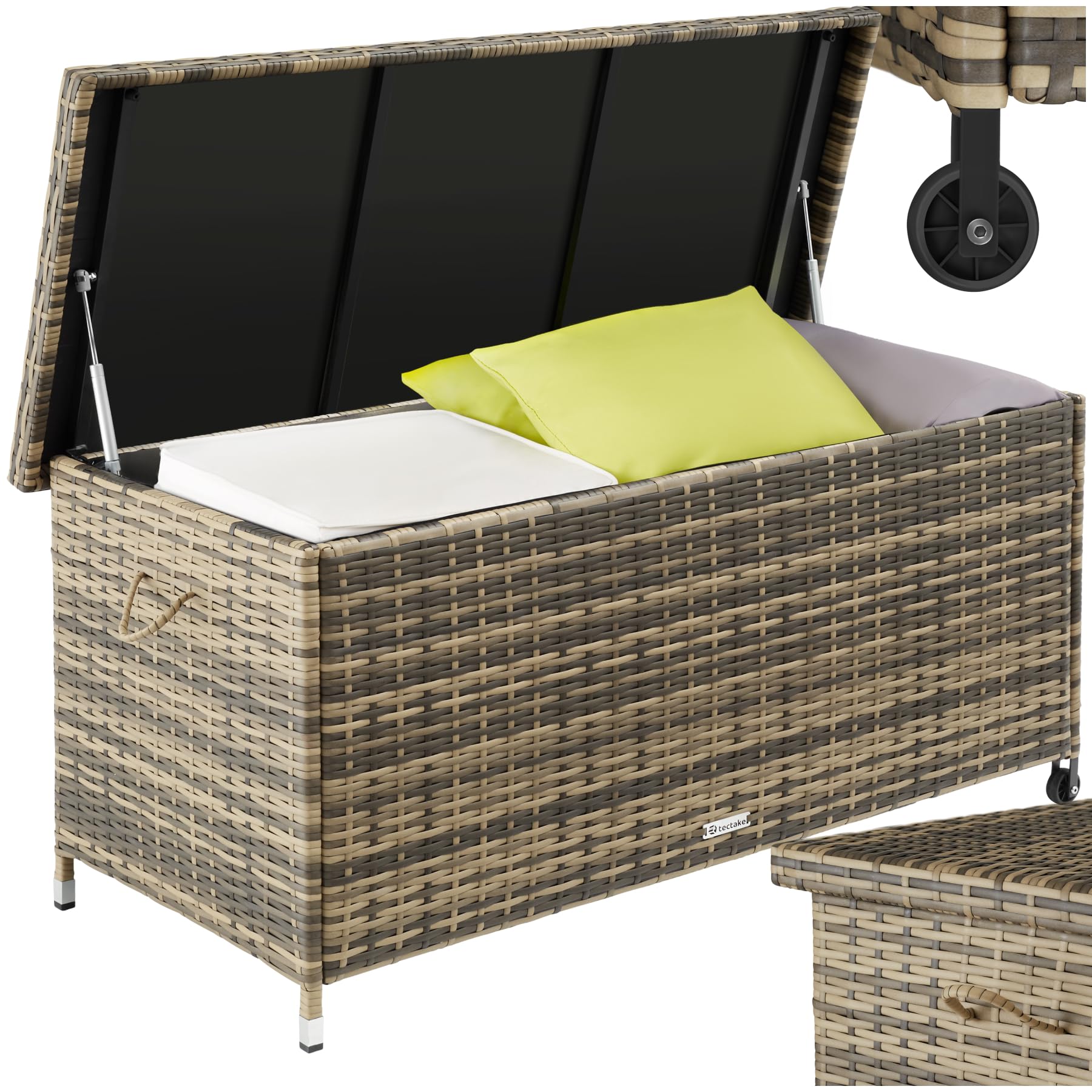Juskys Polyrotan opbergbox Ikaria 950 L incl. deksel met automatische heffunctie en binnenzeil - kussenbox 145 x 82 x 79 cm voor tuin - tuinbox grijs gemêleerd