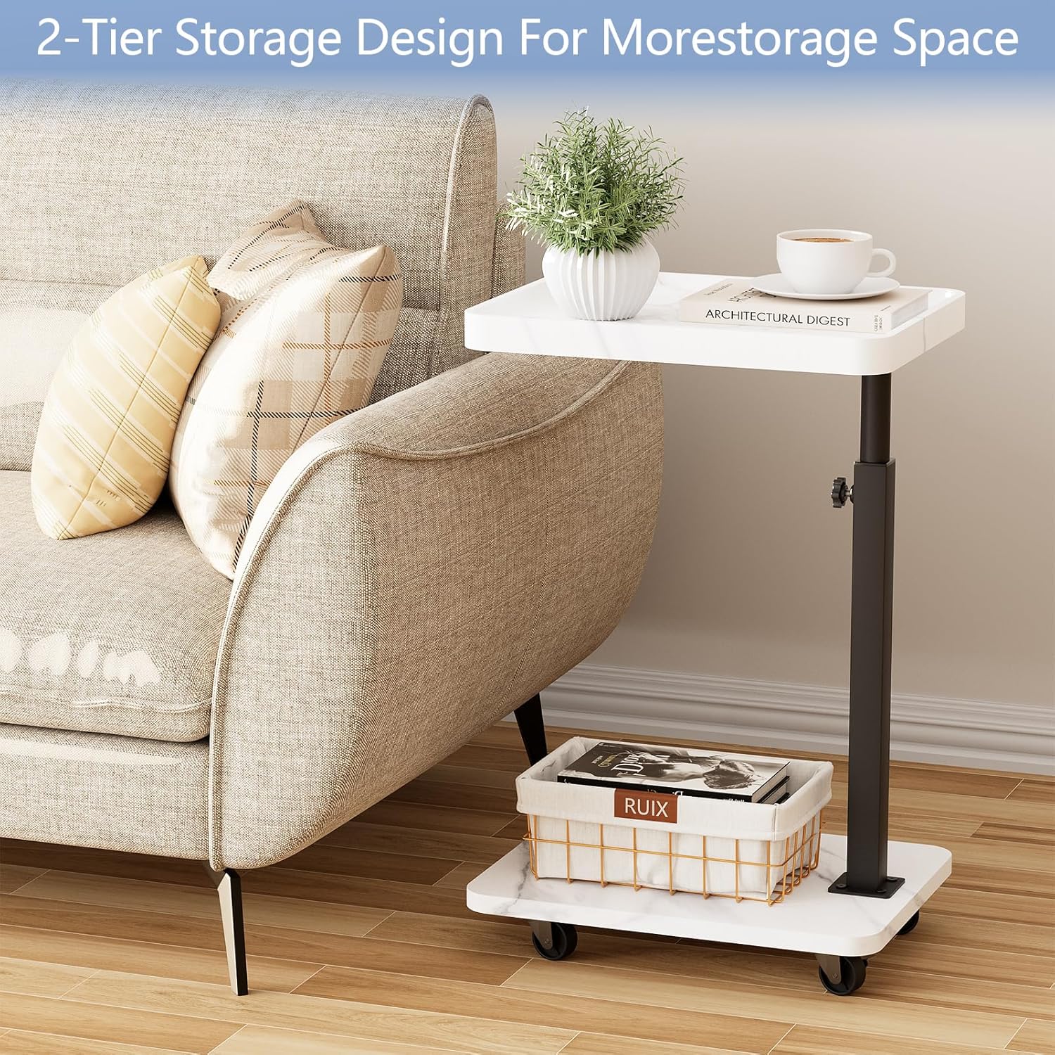 Adjustable Tv Trays for Eating on Couch That Slide Under,360° Swivel C Shaped End Sofa Side Snack Table with Wheels for Living Room and Bedroom, Bed,Chair, (White Marble+Black)