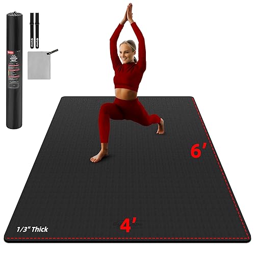 GymCope Large Yoga Mat 6'x4', Extra Thick Exercise Mat 6/8/10/12mm, Double Wide Workout Mat for Home Gym Flooring, Oversized XL Fitness Matt, Pilates, Weight Lifting, Stretch, Wrestling - 0.31" - 8mm - 6'x4' Black