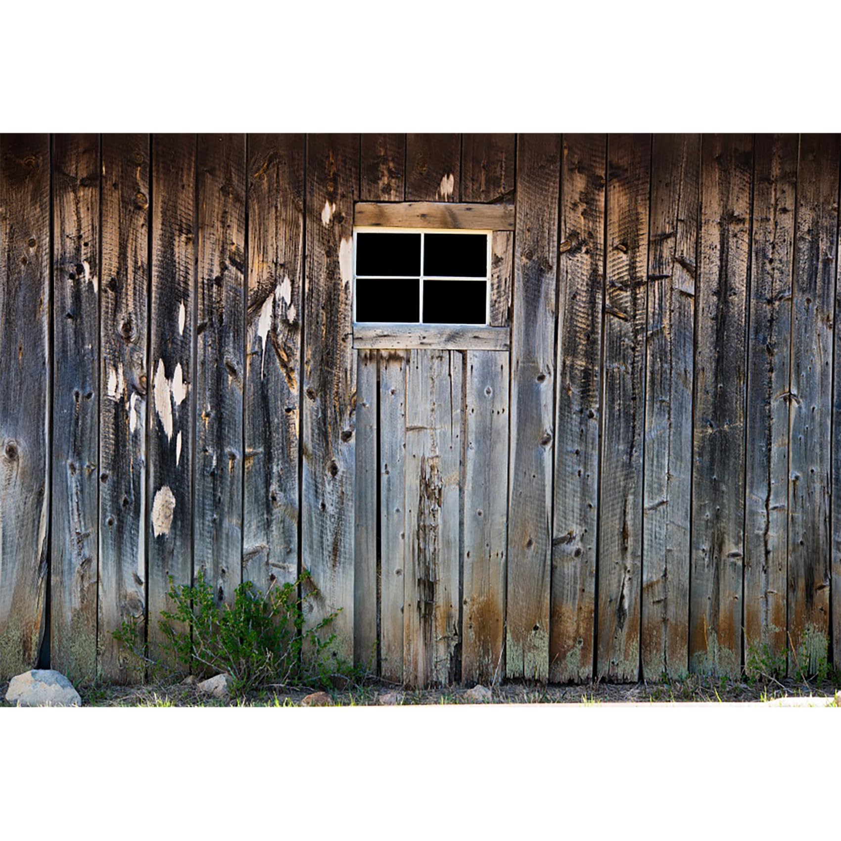 Baocicco 10x6.5ft Shabby Door Backdrop Photography Background Mottled Shabby House Grey Wood Plank Wall Outside View with A Small Window and A Small Green Plants on Ground Photo Studio Props