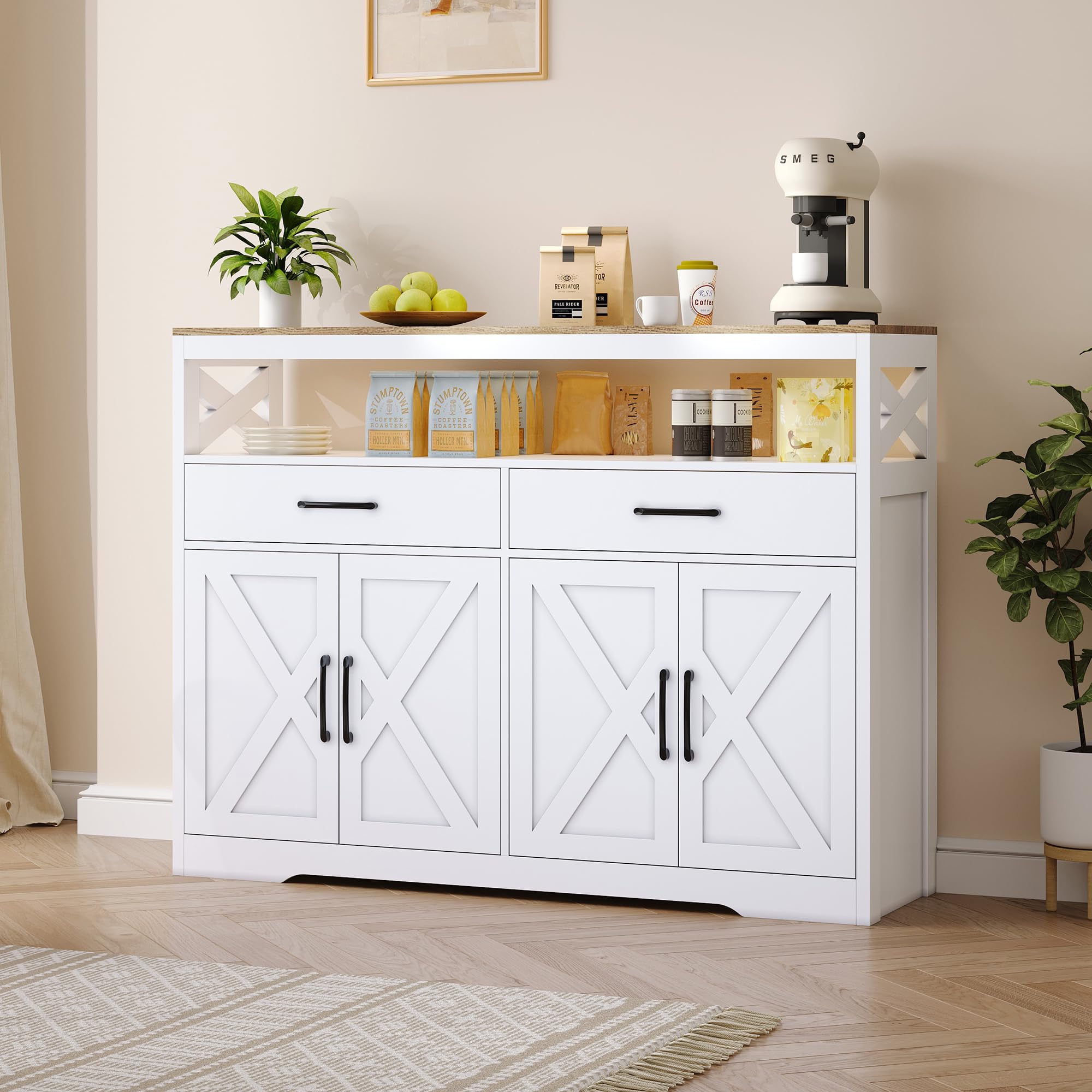 Barun keukendressoir, kast met 3 laden en 4 deuren, verstelbare plank, 134 x 87 x 40 cm