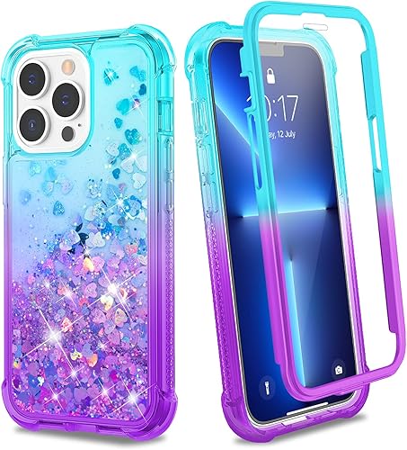Ruky Funda compatible con iPhone 13 Pro Max, cubierta líquida con purpurina de cuerpo completo con protector de pantalla integrado, TPU suave a