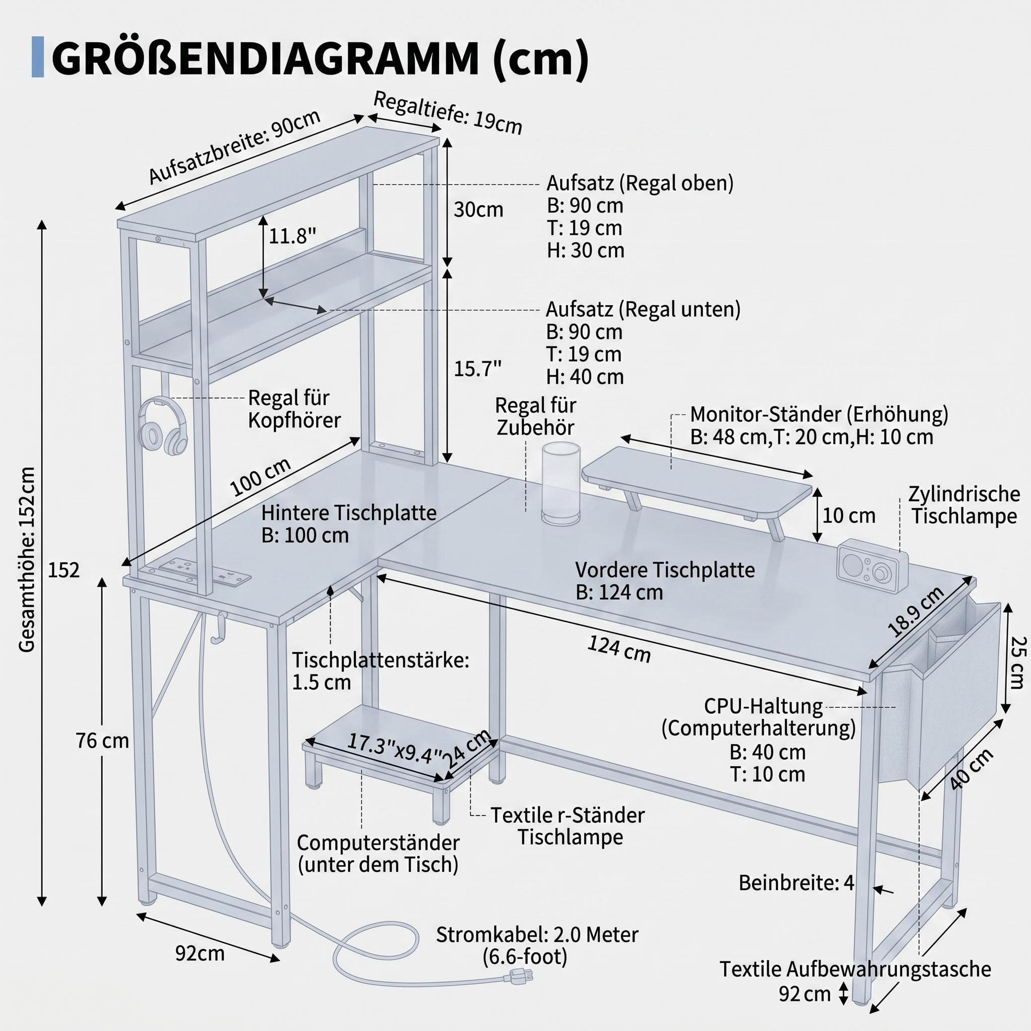 Garvee L-Förmiger Eckschreibtisch mit LED-Beleuchtung & Steckdosen,124 cm Computertisch mit 2-Stufigem Regal &Monitorständer,Gaming Schreibtisch mit CPU-Halter & Kopfhörerhaken für Home Office,Schwarz