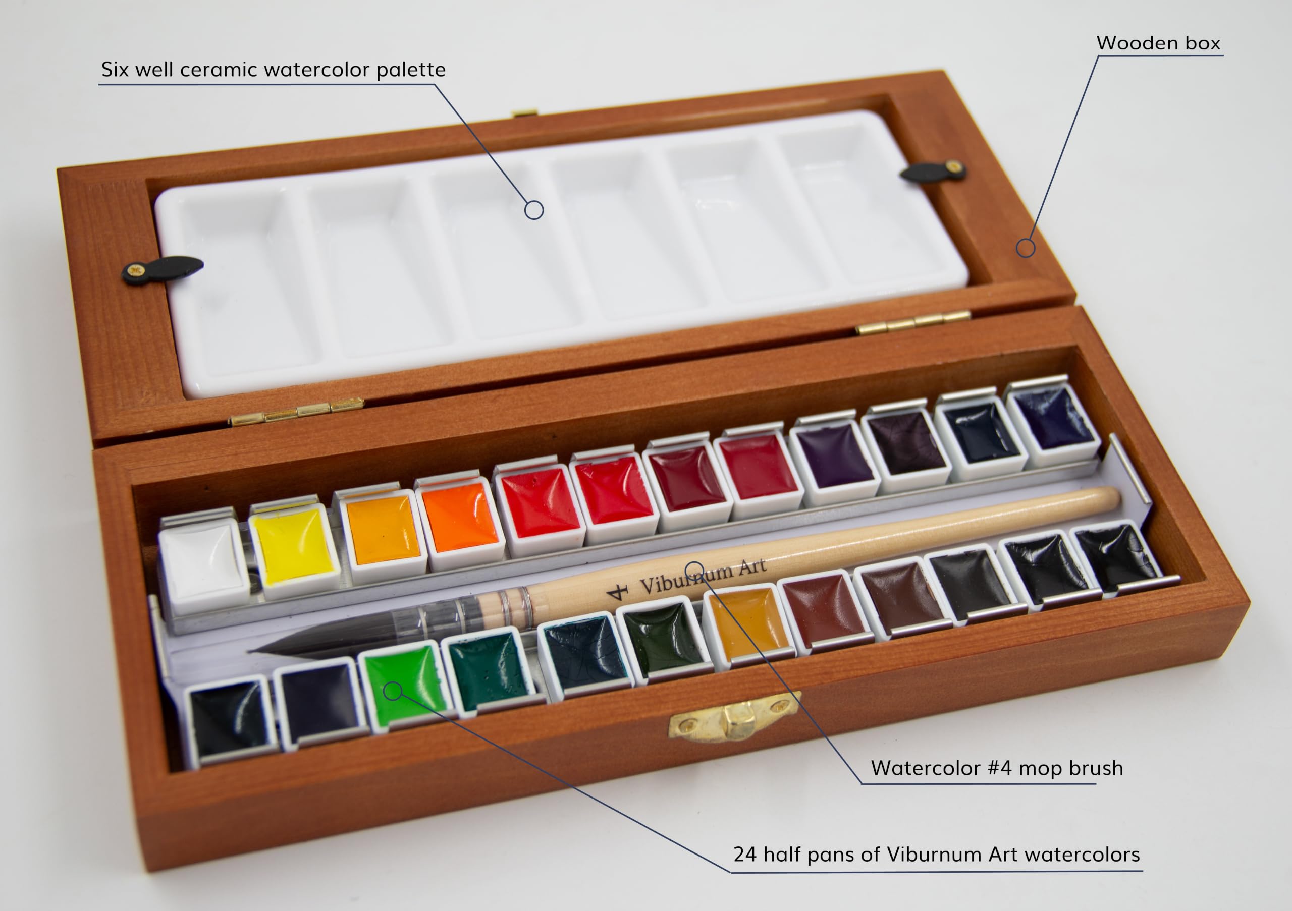 Professionelles Aquarellfarben-Set – 24 halbschalige, hochpigmentierte transparente Wasserfarben mit #4 synthetischem Aquarellpinsel, Mischpalette und Holzbox – Künstlerqualität Reise-Aquarell-Set