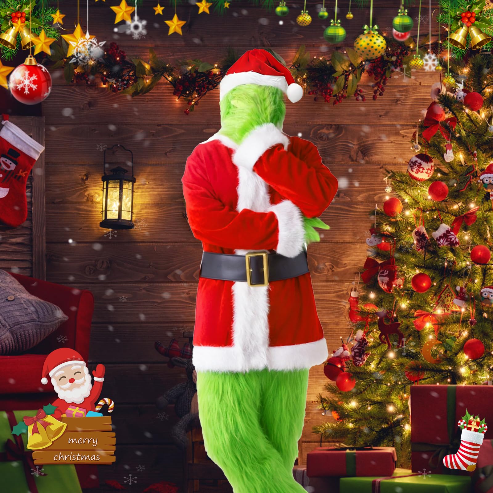 Green Monster Christmas Costume for Adults - 7 Piece Premium Set with Scary Mask Hat Gloves - Santa Style Villain Outfit for Fancy Dress Halloween Festive Parties