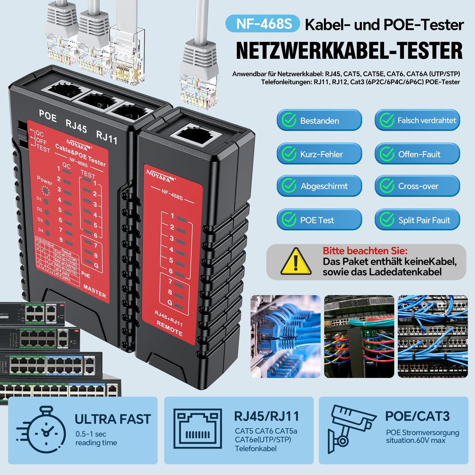 NOYAFA Netzwerkkabeltester, Erweiterte Kabel Tester für RJ11, RJ12, RJ45, CAT5, CAT6, CAT7, STP/UTP-Kabelprüfer, Kabelmapper, PoE-Tester, Durchgangsprüfung, Telefonleitung Cat3, LAN-Netzwerk tool