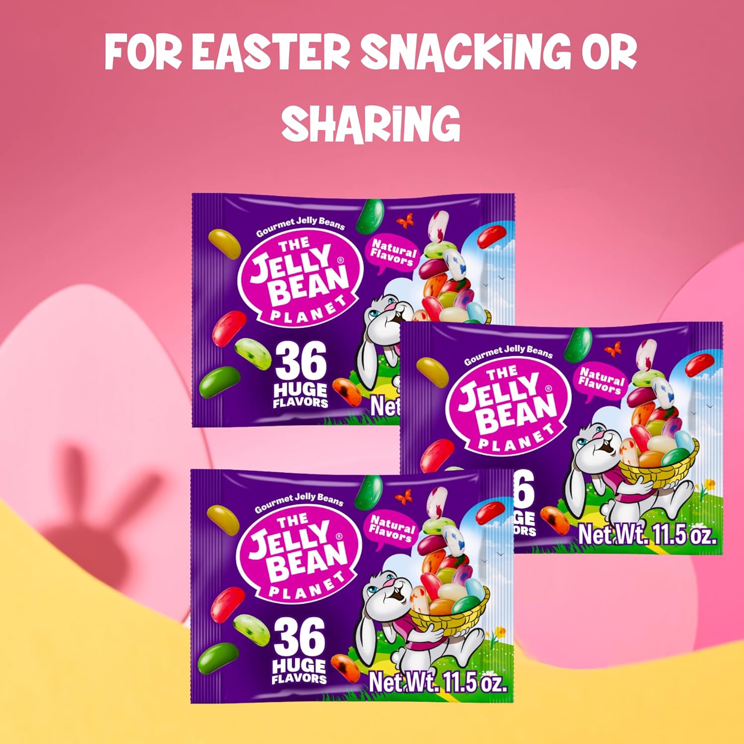 The Jelly Bean Planet Easter Jelly Beans, Pack of 3, 11.5 oz x 3 - Gourmet Jellybeans with 36 Natural Fruit Flavors, Gluten Free, Fun Easter Candy Gift in Bunny Design Bags, Basket Stuffers & Gifting