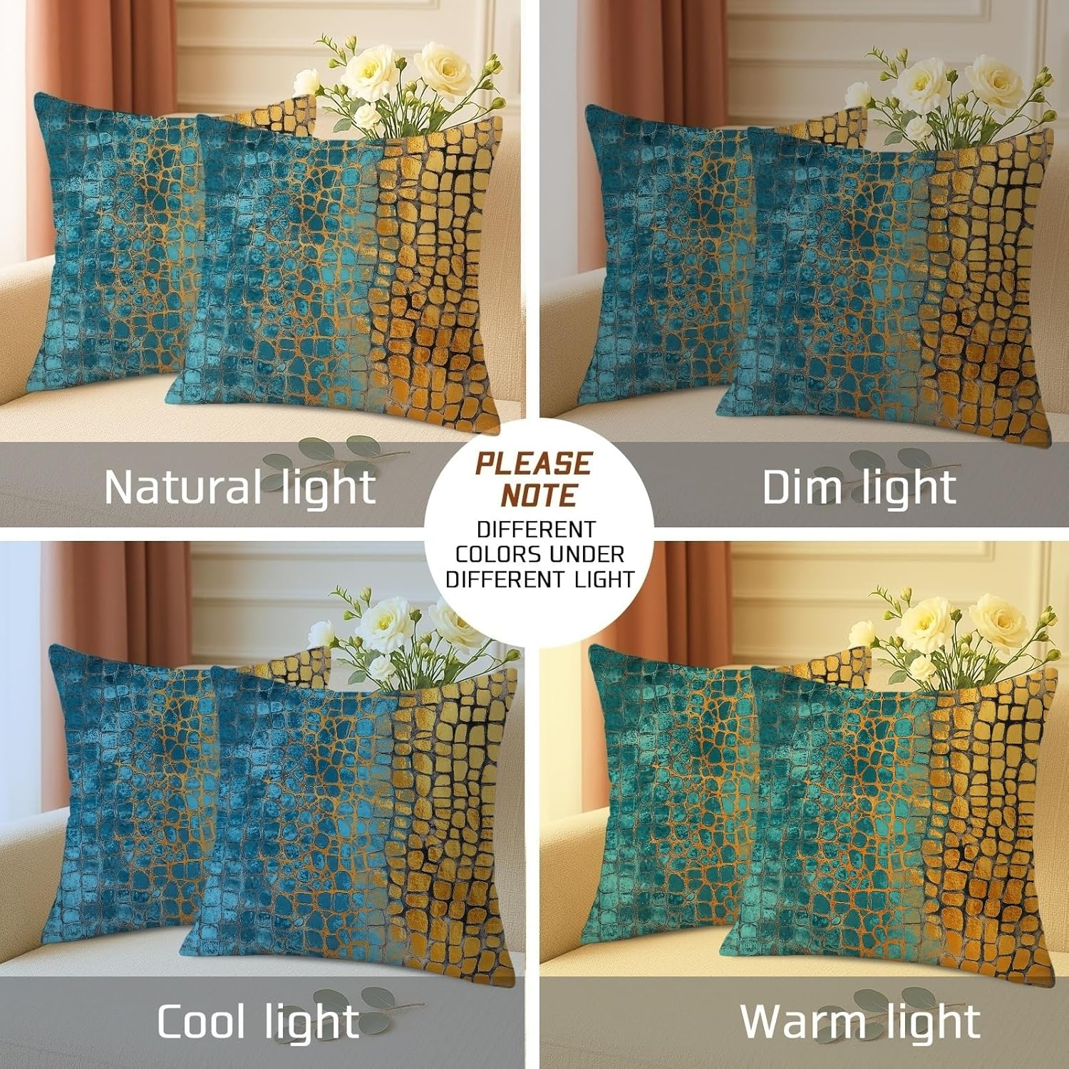 Textured Throw Pillow Covers Set of 2, Teal and Gold Crocodile Pattern Cushion Cases, Decorative Modern Farmhouse Pillows for Home Living Room Sofa 24x24 Inch