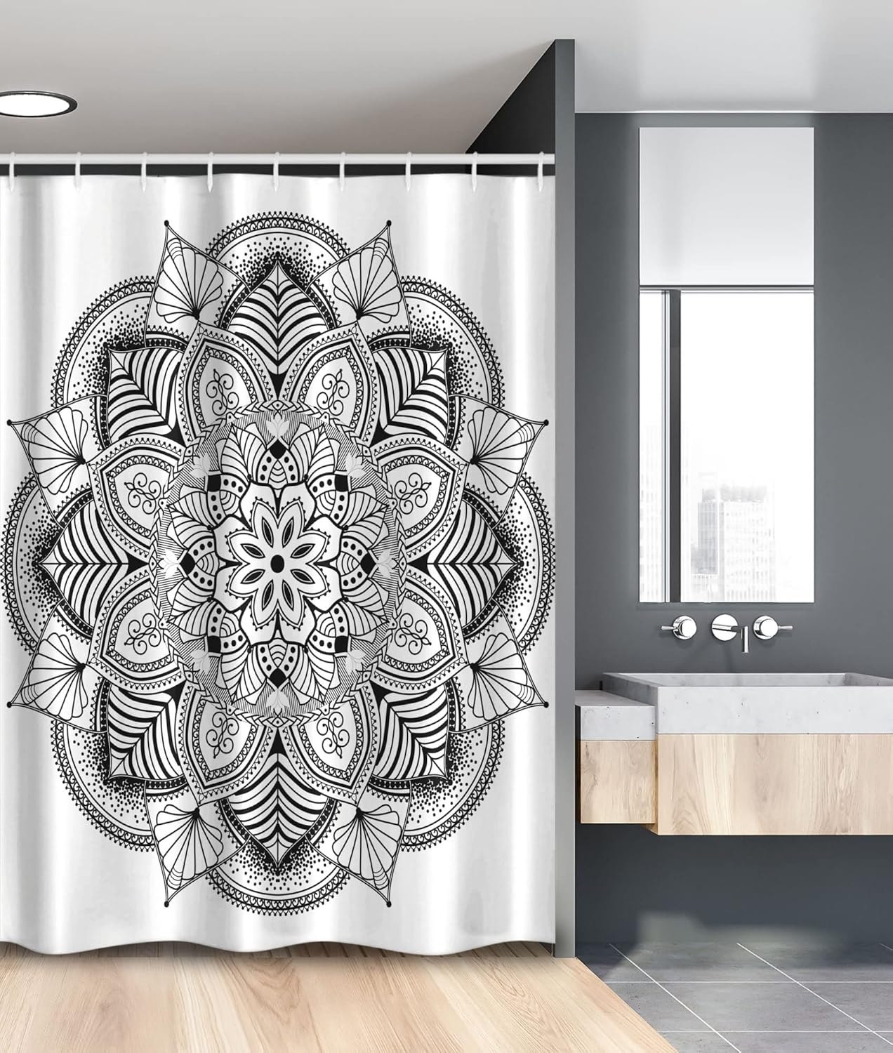 Ambesonne Mandala Shower Curtain, A Ringed Floral Pattern with an Ornate Tile and Lines Bohemian Circle Motif of an Illustration, Fabric Bathroom Decor Set with Hooks, 69" W x 75" L, Charcoal White