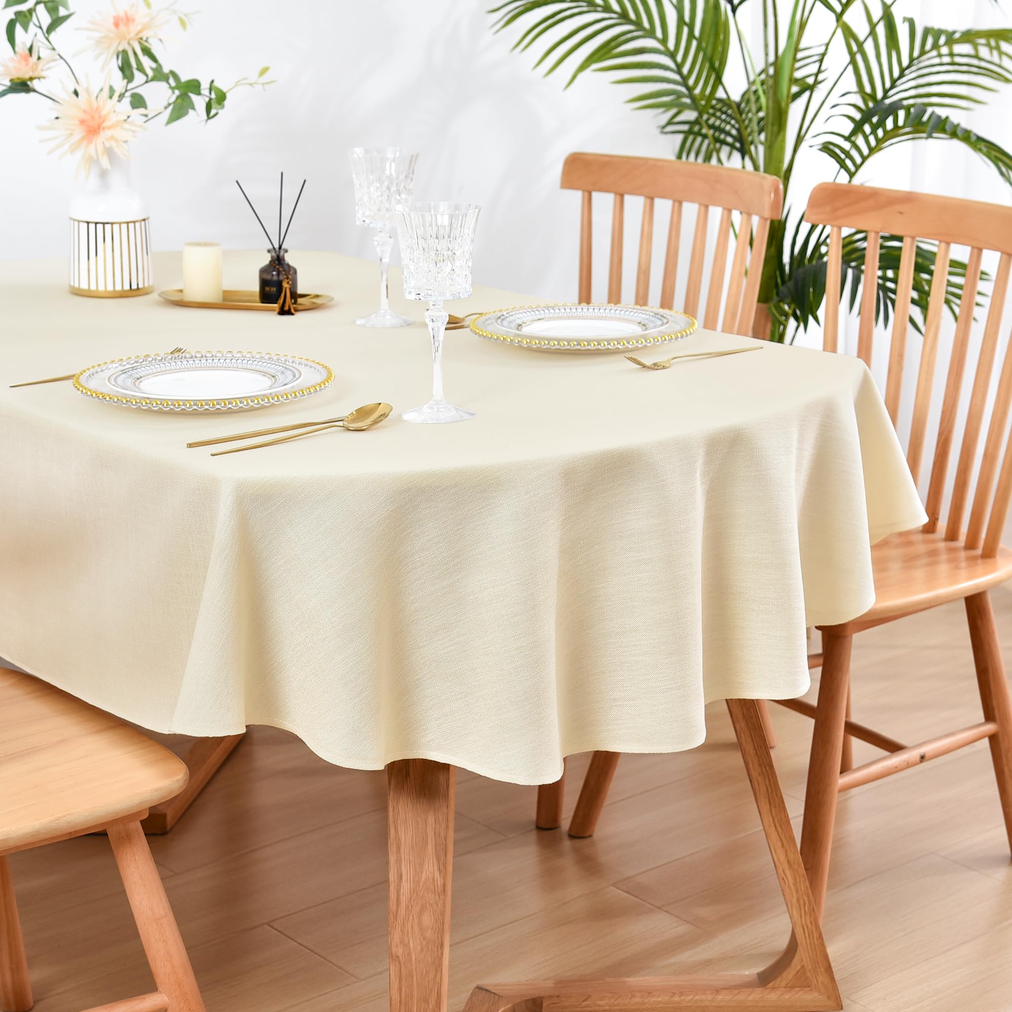 Wolkemer 60x84 Inch Oval Tablecloth Rustic Textured Polyester Table Cloth Washable Farmhouse Table Cover for Kitchen, Dining, Party (Ivory)