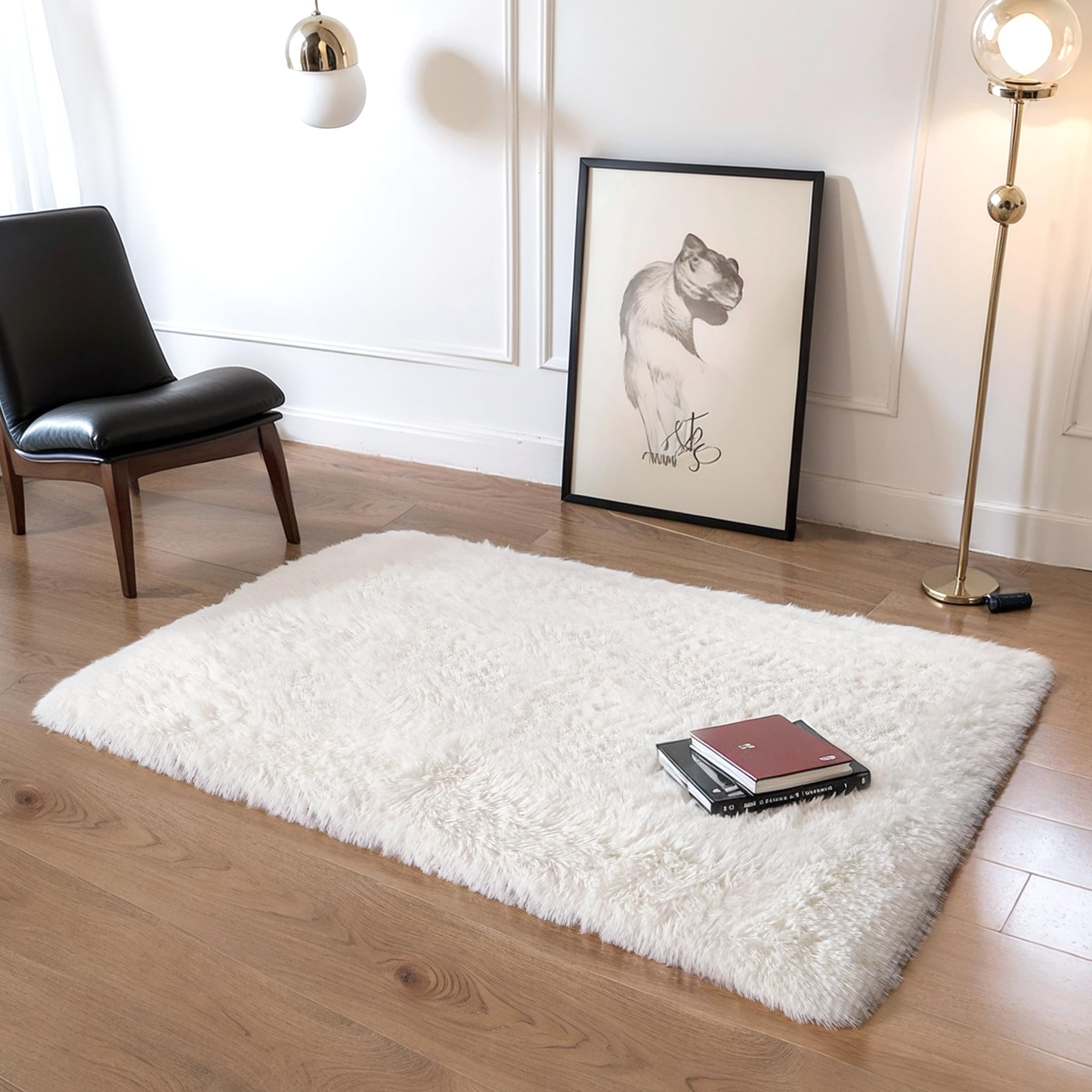 Amazon.com: KICHOWUA Thick Area Rug Cream White Fluffy Shag 3x5