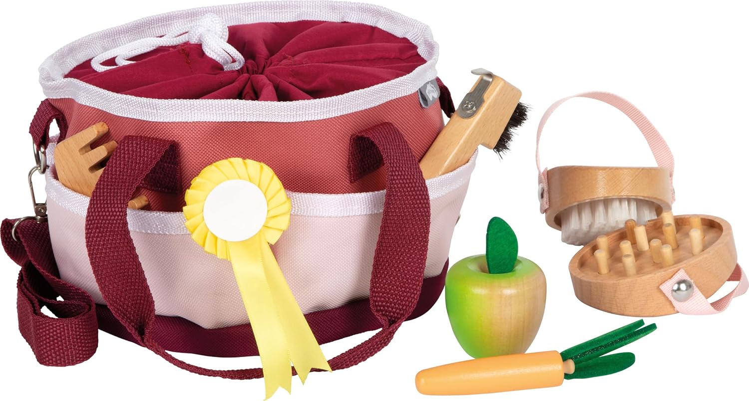 small foot Horse Care Set with Bag Red, Child-Friendly Wooden Tool Accessories for Playing with Horses, for Children from 3 Years, 12705