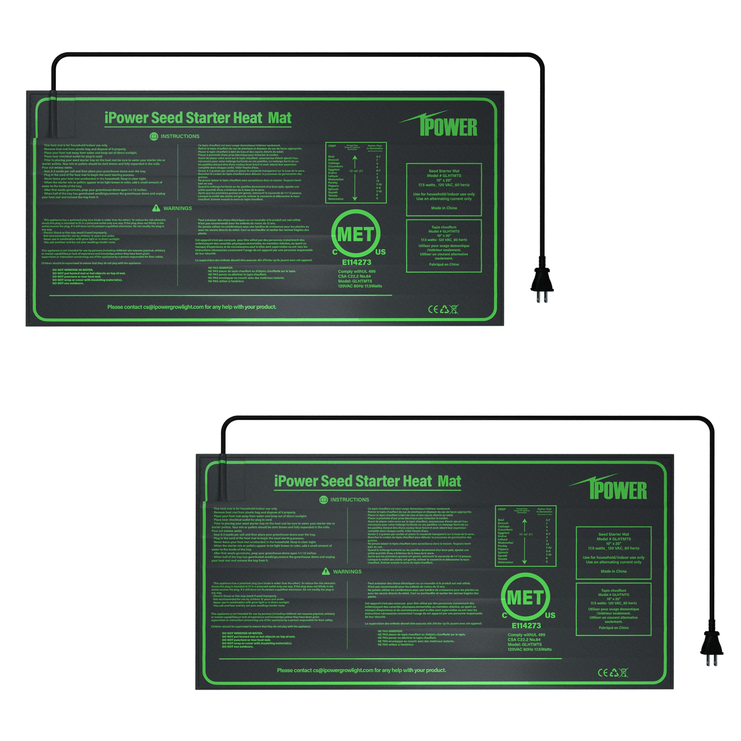 iPower 10" x 20" Waterproof Durable Seedling Heat Mat Warm Hydroponic Plant for Indoor Gardening Germination Starting, 2 Pack