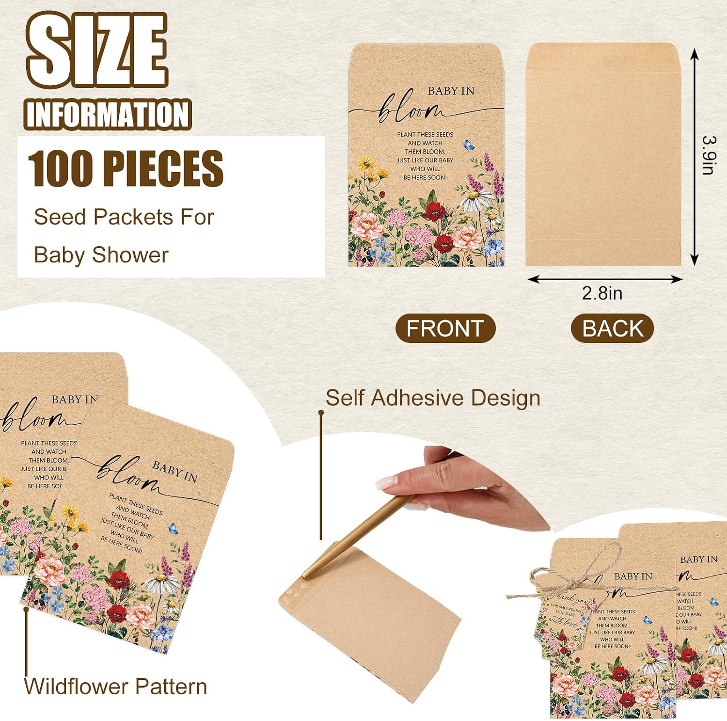 JarThenaAMCS 100Pcs Baby Shower Seed Packets Spring Wildflower Self Adhesive Kraft Envelopes with Thank You Tags Baby in Bloom Seed Storage Pockets for Garden Party Favors Supplies