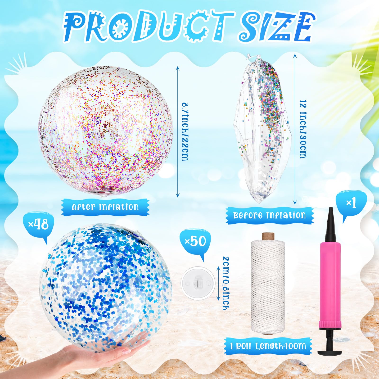 Vinsot 48 Pcs Inflatable Sequin Beach Balls 12 Inch Giant Glitter Beach Balls Hanging Clear Shiny Balls Decorations with Hanging Rope, Hooks and Pump for Summer Beach Pool Party Toy(Multicolor)