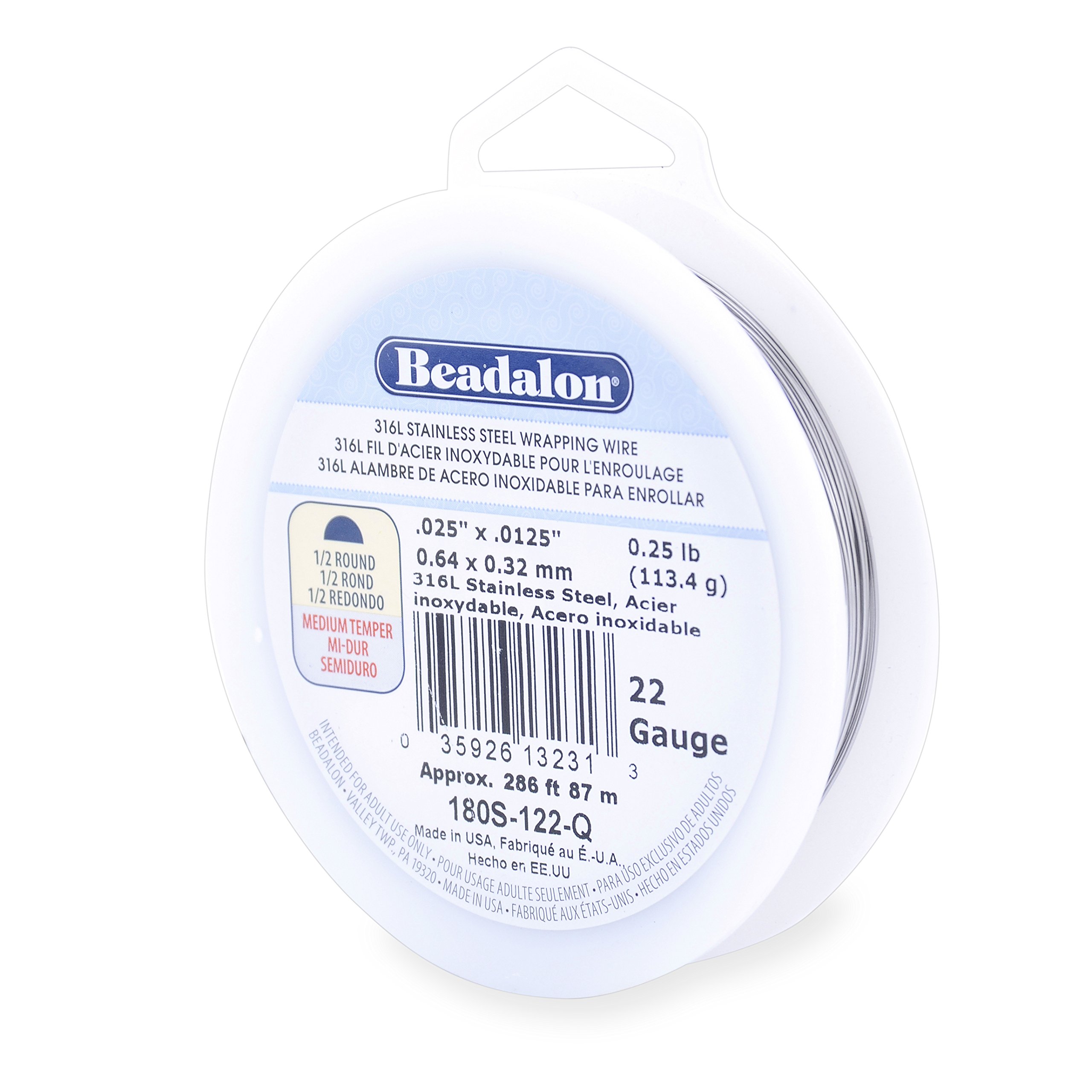 Beadalon – Alambre de Regalo de Acero Inoxidable 316L, semicircular, 22 Gauge, 286 pies, 1/4 Libra