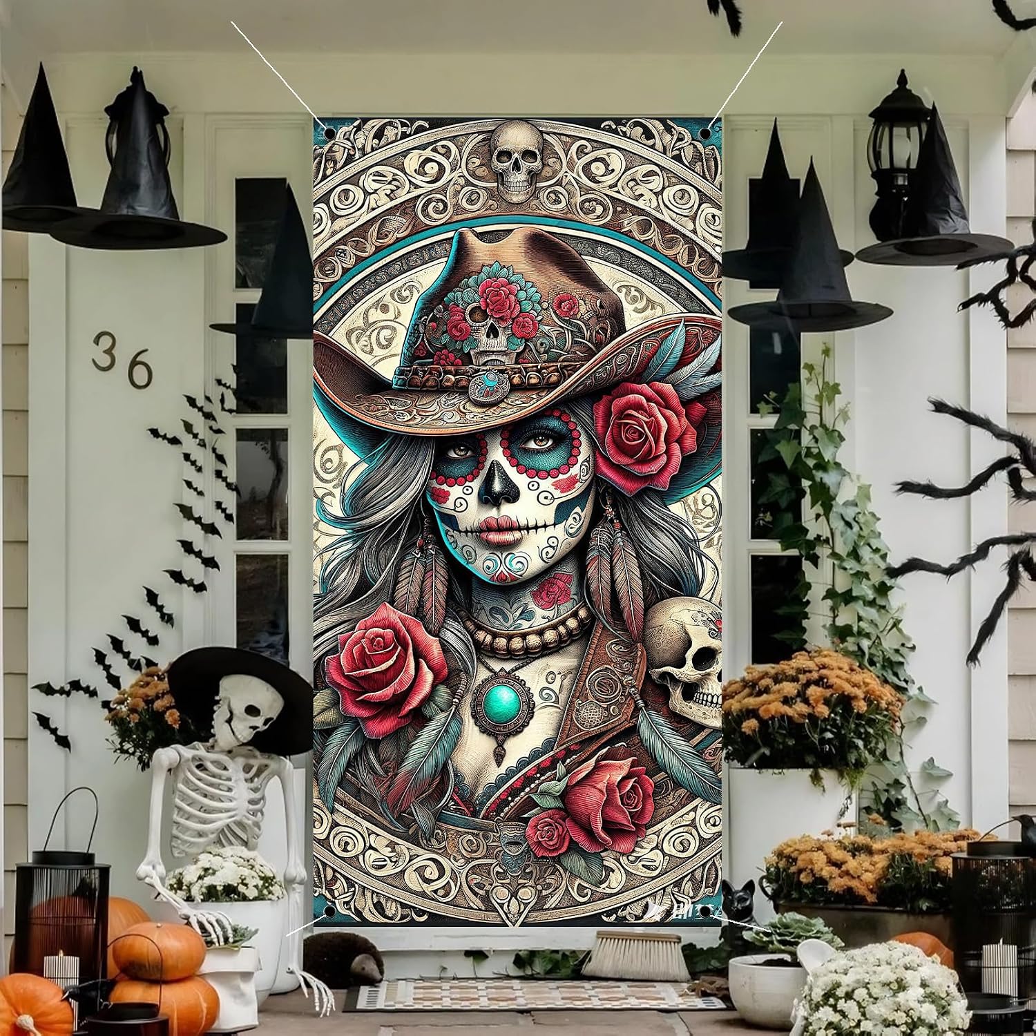 Day of The Dead Door Cover,Dia De Los Muertos Porch Sign Banner,Gothic Halloween Sugar Skull Flowers Mexican Fiesta Party Decorations and Supplies for Home House Outdoor Decor (Multicolor 07) image 5
