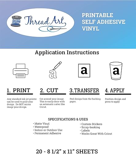 Miniatura 2 de Threadart Papel adhesivo de vinilo imprimible para impresoras de inyección de tinta y láser, color blanco, resistente al agua, se seca rápidamente,
