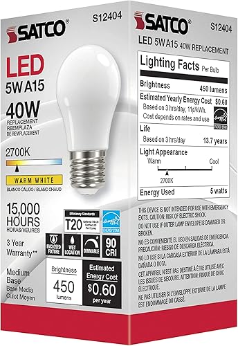 Miniatura 6 de Satco Paquete de 6 lámparas de filamento LED regulables, S12404, lúmenes altos, 5 vatios, A15; blanco suave; 2700 K; base media; 90 CRI; 120 voltios