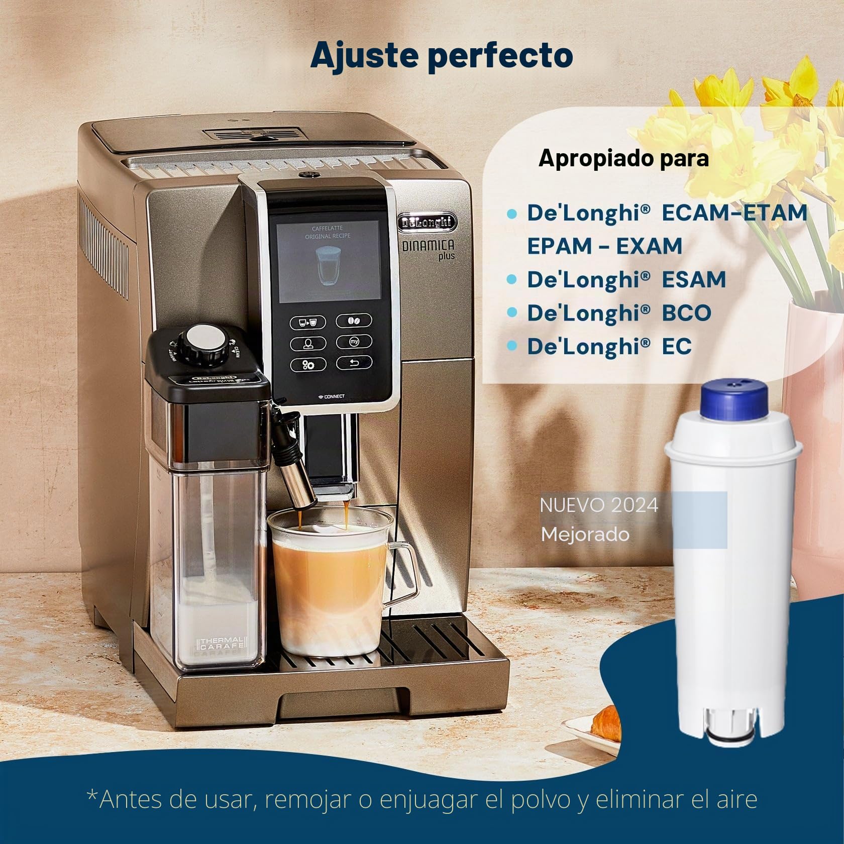 Mutital 6 filtros de agua para cafeteras automáticas DeLonghi con descalcificador de carbón activo Filtros Delonghi para series De'Longhi ECAM, ETAM, EC, BC, Repuesto DLSC002, SER3017 y 5513292811