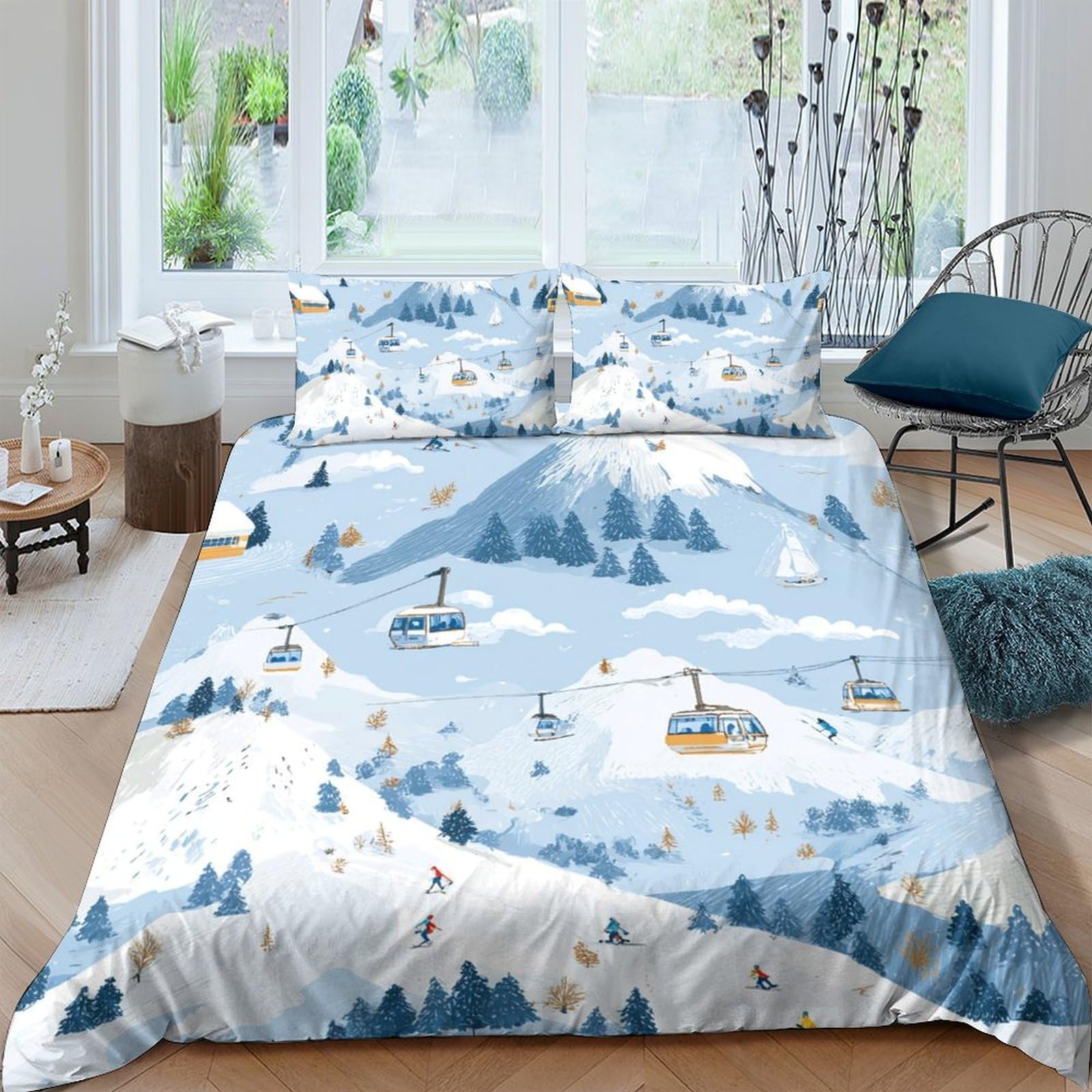 Ctjqhvkz Style-2 3D Printed Snow Mountain Fitted Sheet Microfiber Soft Blue Ski Lift Bed Cover For Bedroom Dorm Mattress Protection Decor Single（135X200cm）