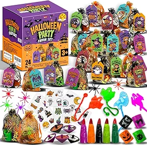 24 Pack Halloween Party Favors for Kids–Prefilled Mesh Treat Bags with Toys, Gift Tags & Twine–Trick or Treat Goodie Bag Fillers, Classroom Prizes & Exchange Gifts