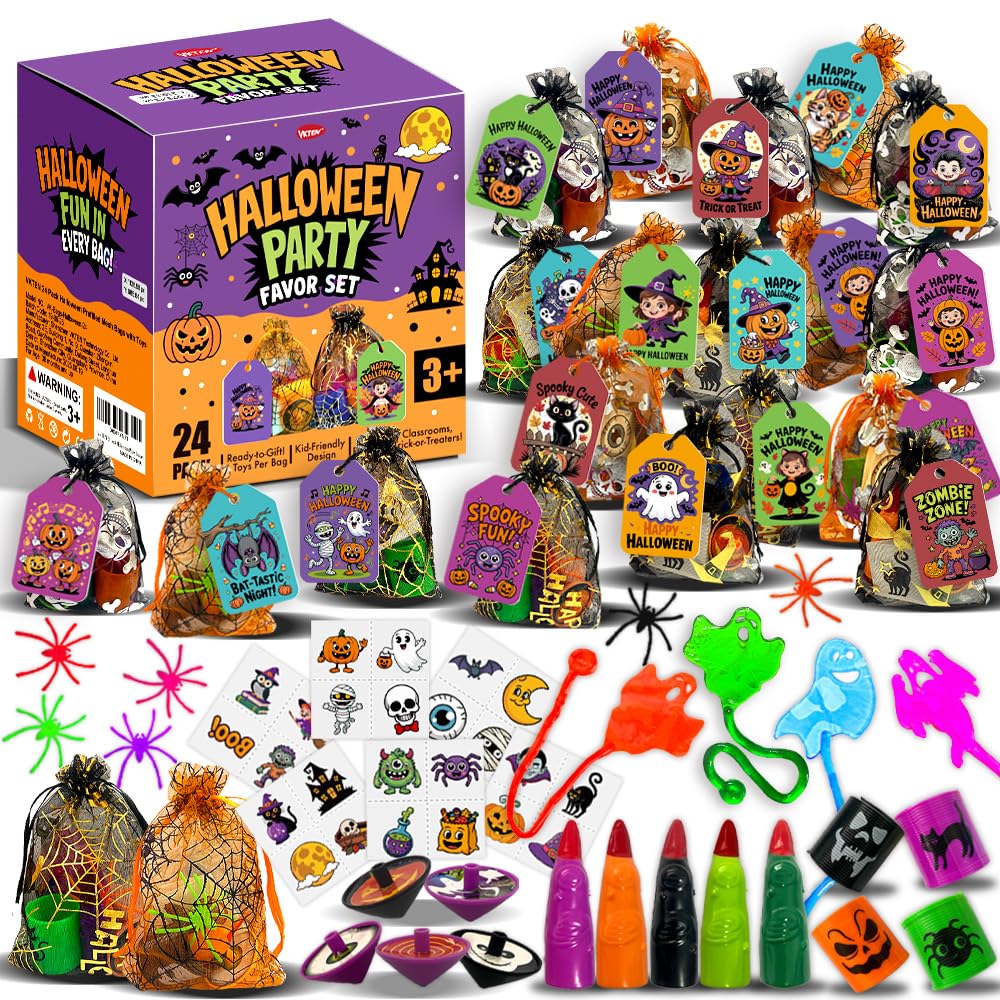 VKTEN 24-pack prefilled mesh treat bags with Halloween toys, gift tags, and twine