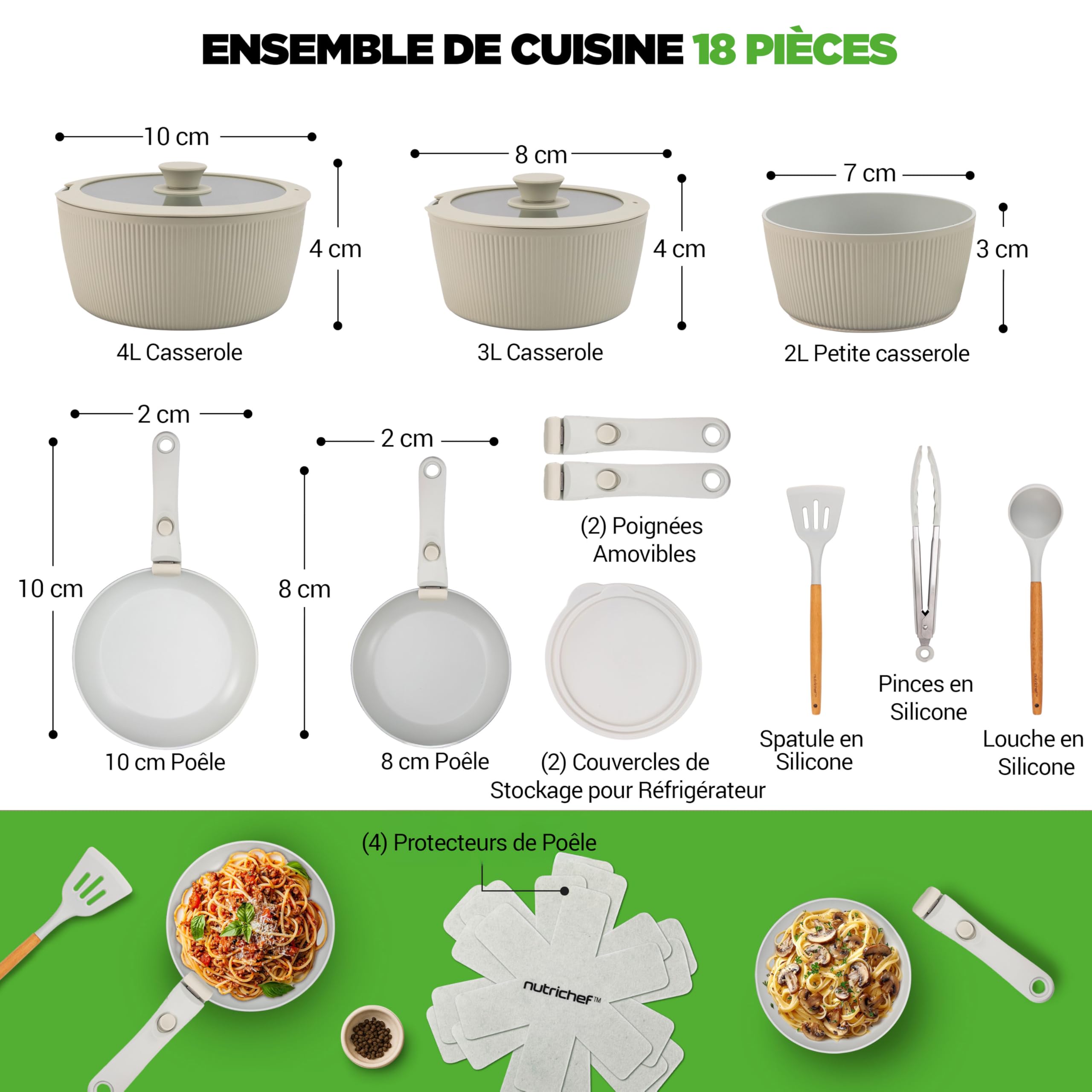 NutriChef Batterie de Cuisine 18 Pièces – Casseroles et Poêles Antiadhésives Céramique, Sans PTFE PFAS PFOA, Poignées Amovibles, Gain de Place, Tous Feux dont Induction